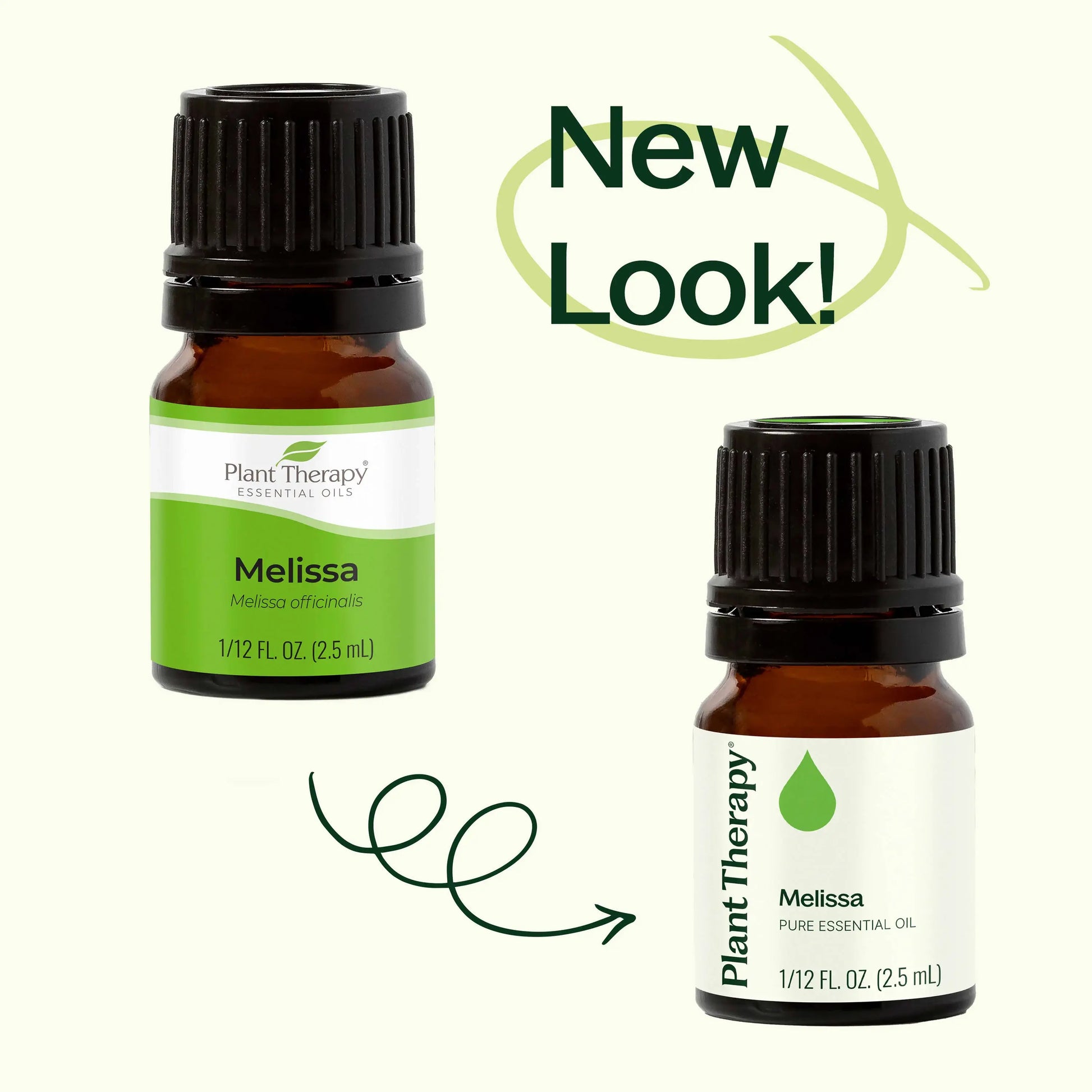 Two bottles of Plant Therapy Melissa essential oil with a 'New Look!' label on a white background - JOY - Journey Of You - Spiritual, Holistic, Empowering