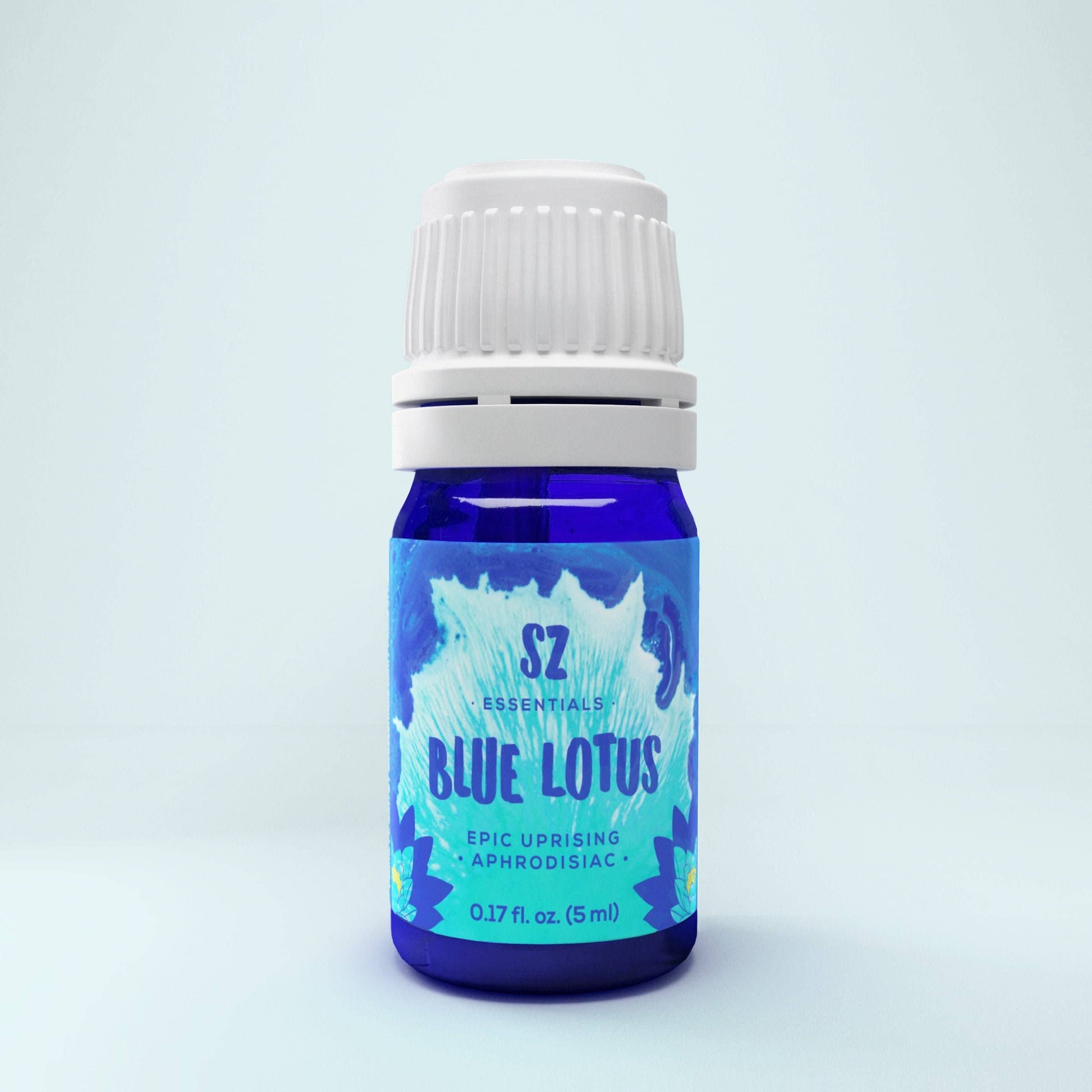 Blue bottle labeled 'Blue Lotus' with a white cap on a light blue background - JOY - Journey Of You - Spiritual, Holistic, Empowering