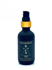 Dark blue bottle with gold cap labeled 'Grounded' on a white background