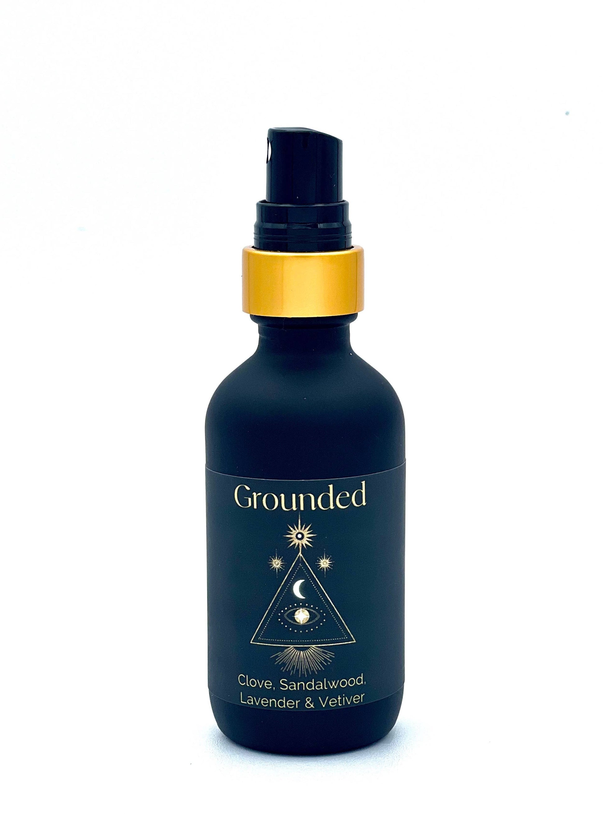 Dark blue bottle with gold cap labeled 'Grounded' on a white background