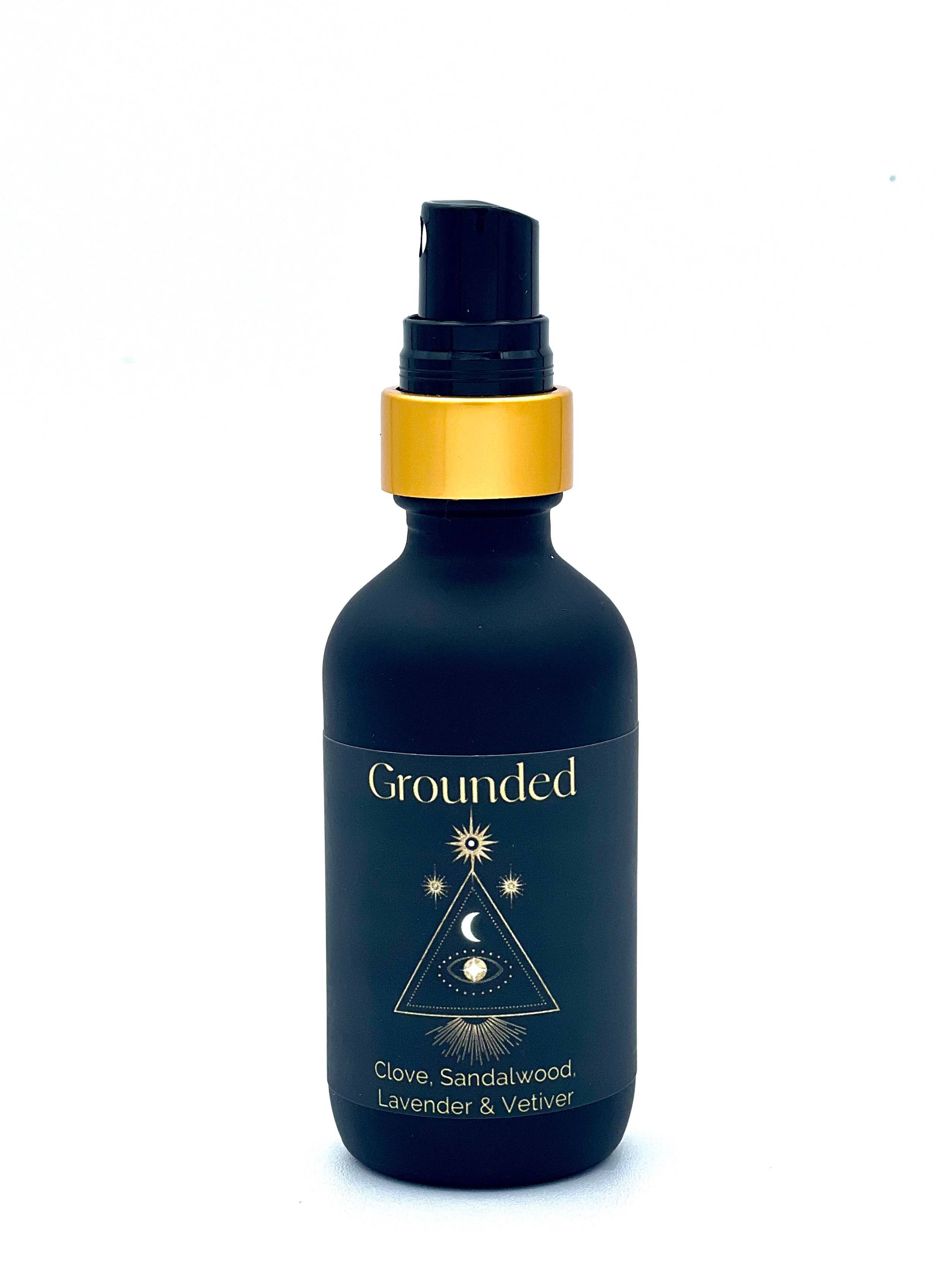 Dark blue bottle with gold cap labeled 'Grounded' on a white background