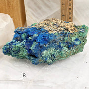 Blue and green mineral specimen on a white surface with a ruler for scale.