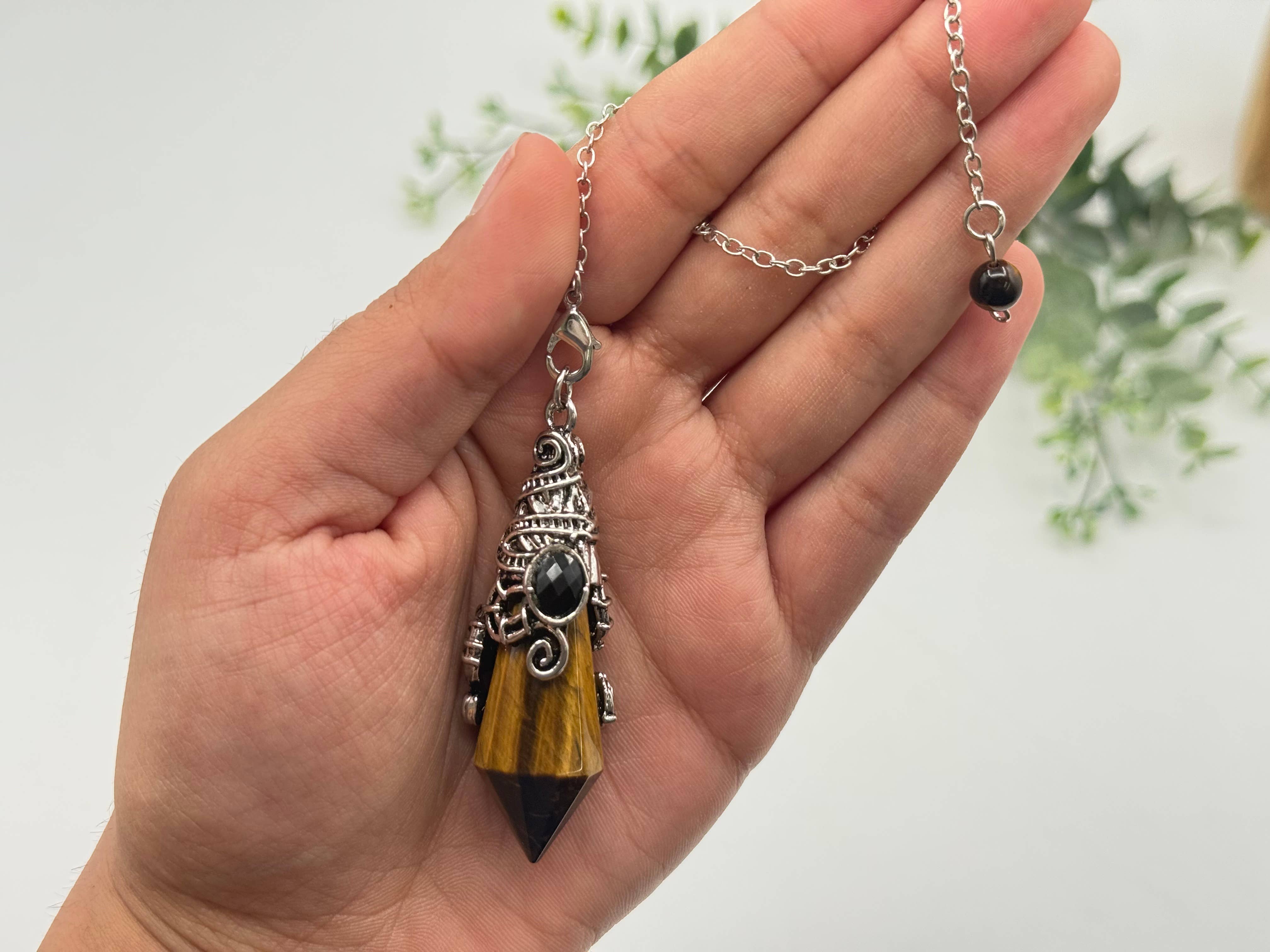 Tiger Eye 12 Faceted Antique Silver Detailing Pendulum