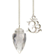 Crystal pendant with silver 'OM' symbol on a white background - JOY - Journey Of You - Spiritual, Holistic, Empowering