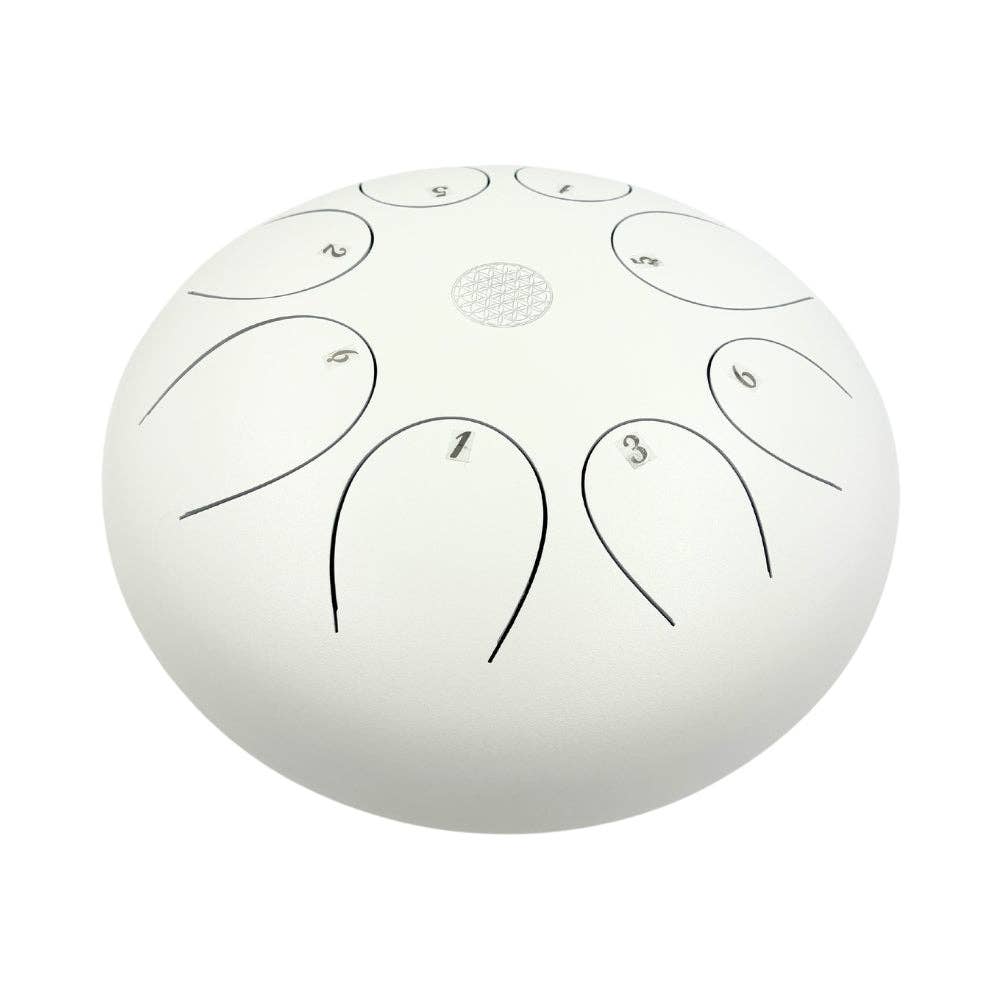 White handpan drum with black markings on a white background