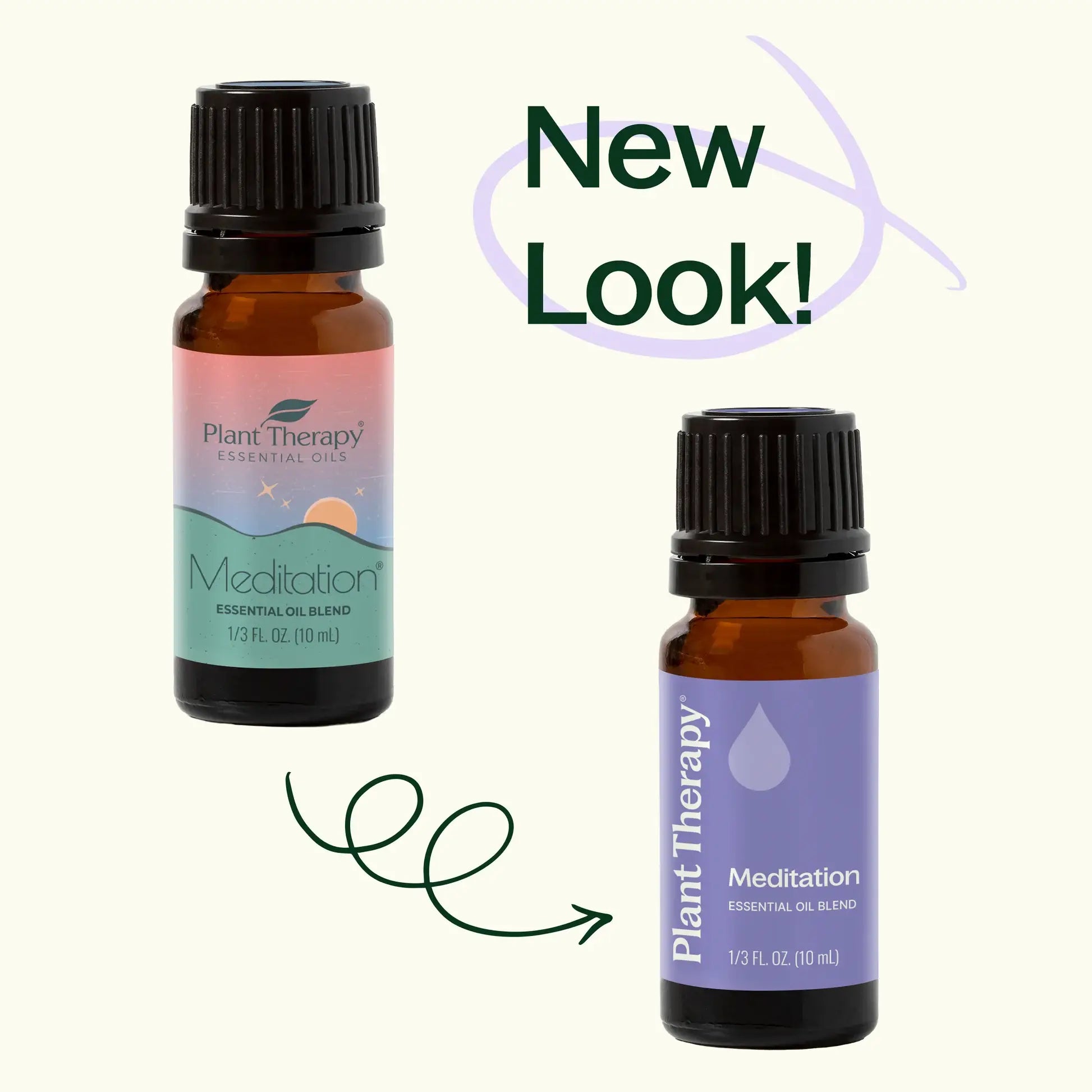 Two bottles of Plant Therapy Meditation essential oil blend with a 'New Look!' text overlay on a white background.