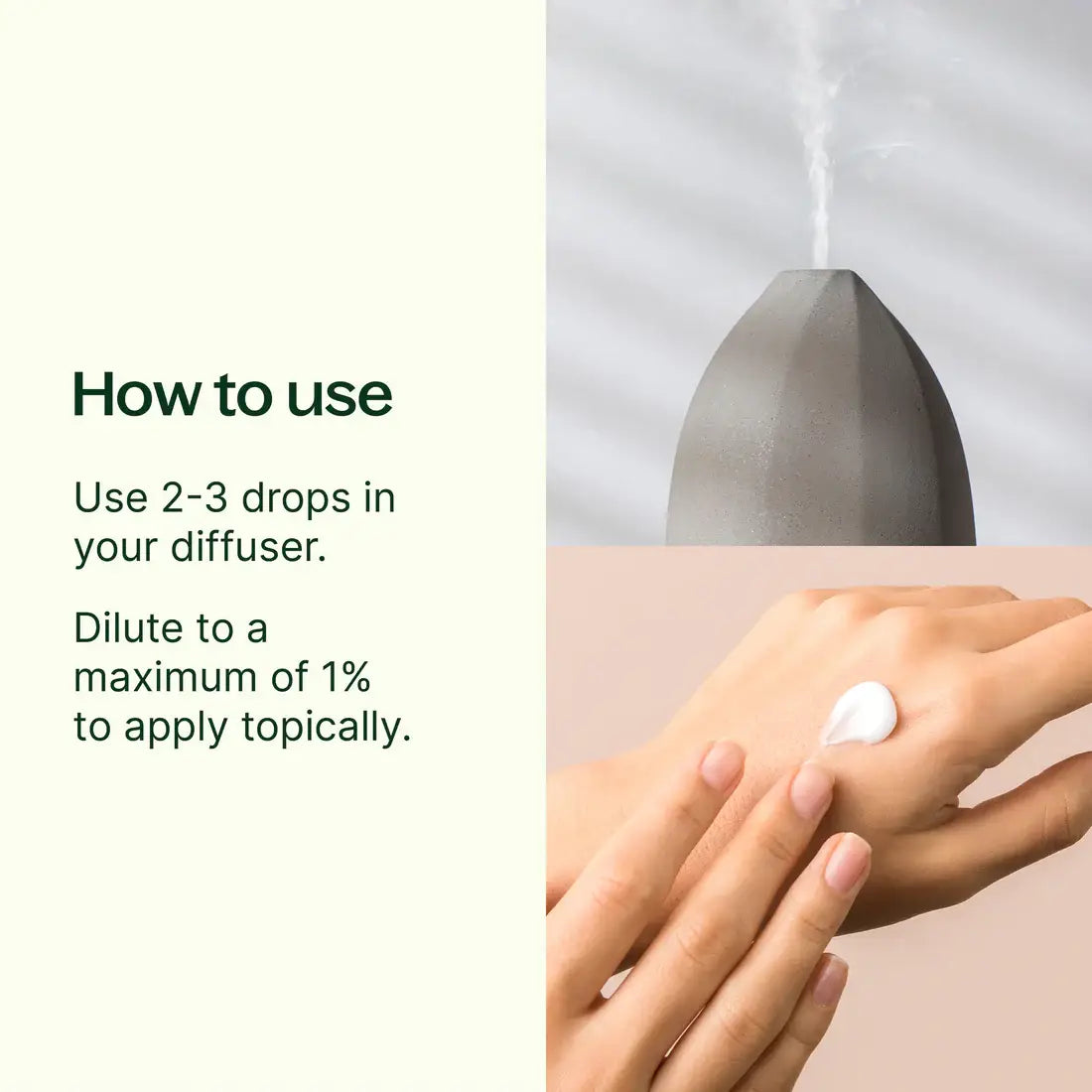 Hand applying a small amount of cream to skin with text on how to use it - JOY - Journey Of You - Spiritual, Holistic, Empowering