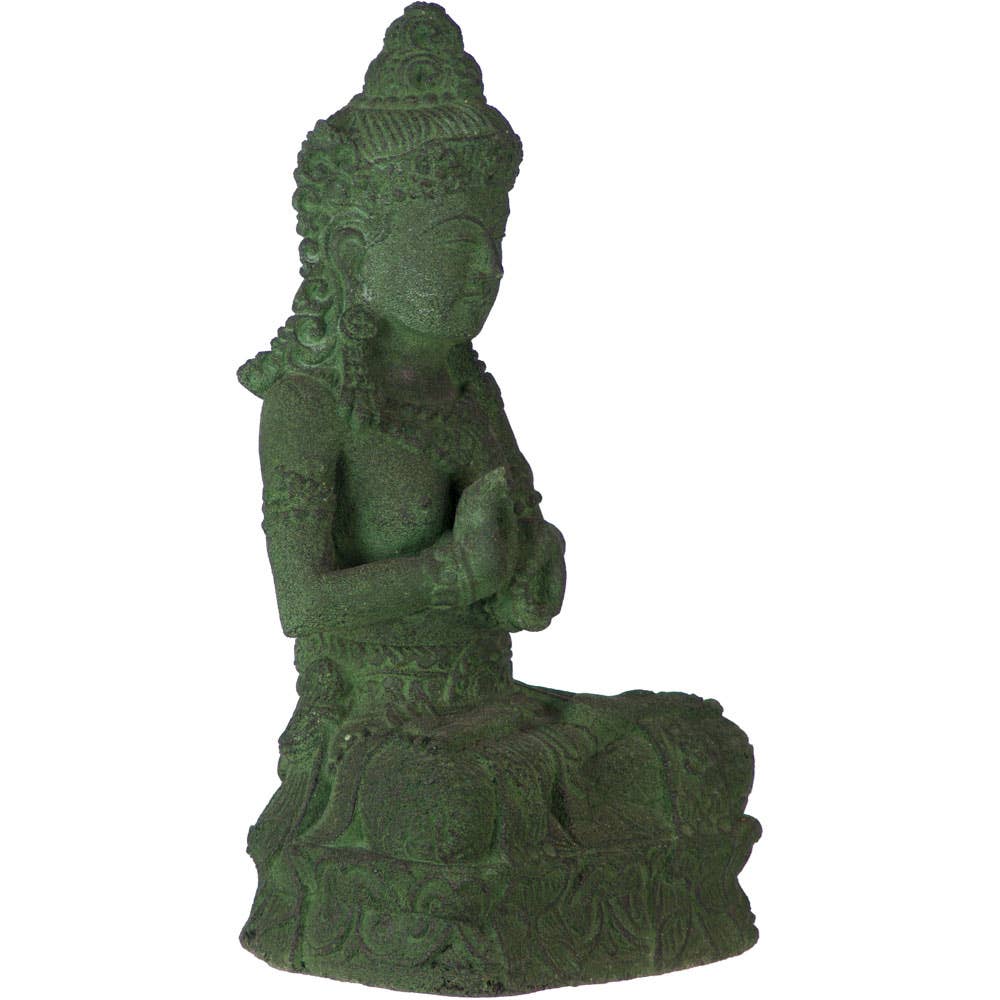 Green stone statue of a seated figure on a white background - JOY - Journey Of You - Spiritual, Holistic, Empowering