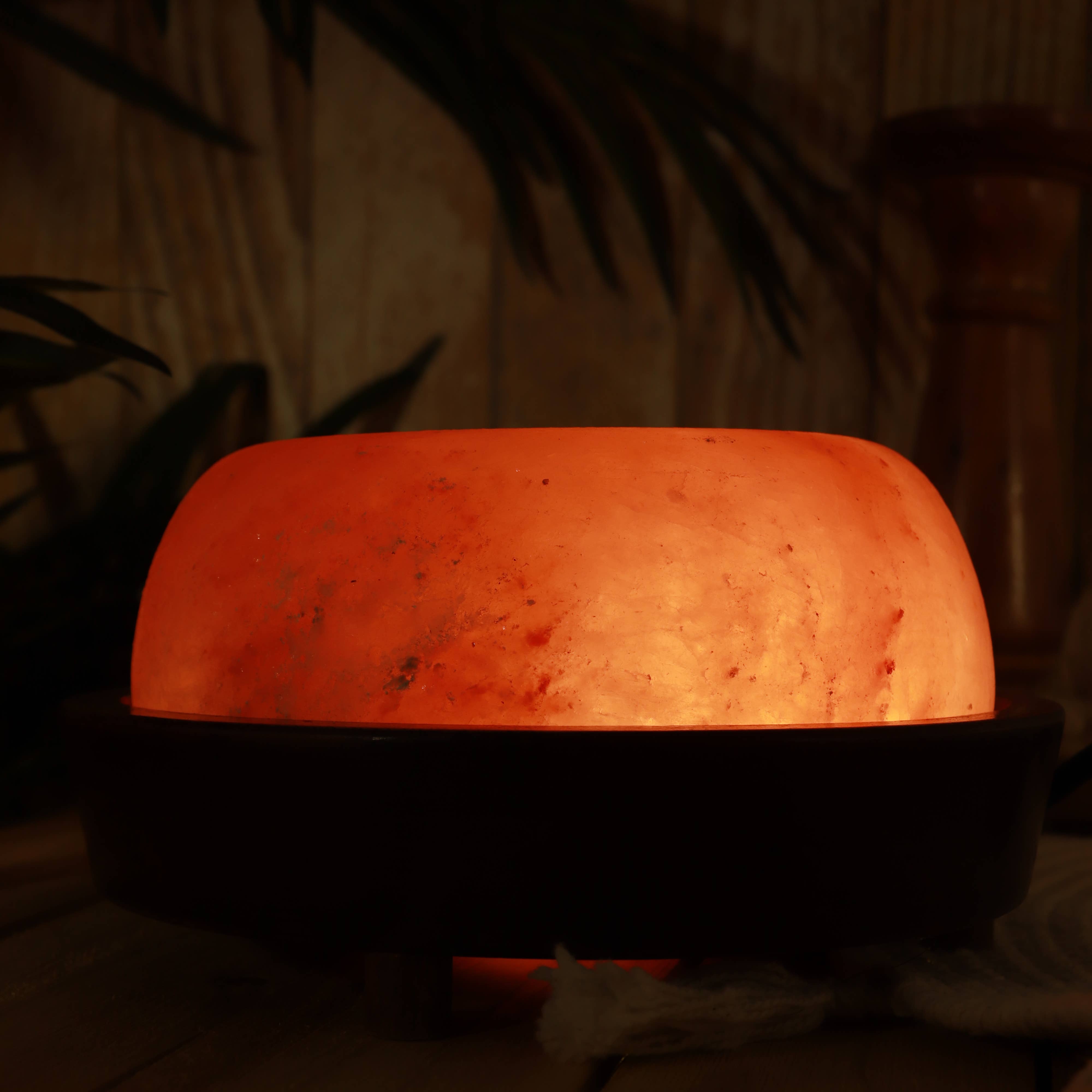 Orange lamp emitting a warm glow in a dimly lit room with plants in the background.