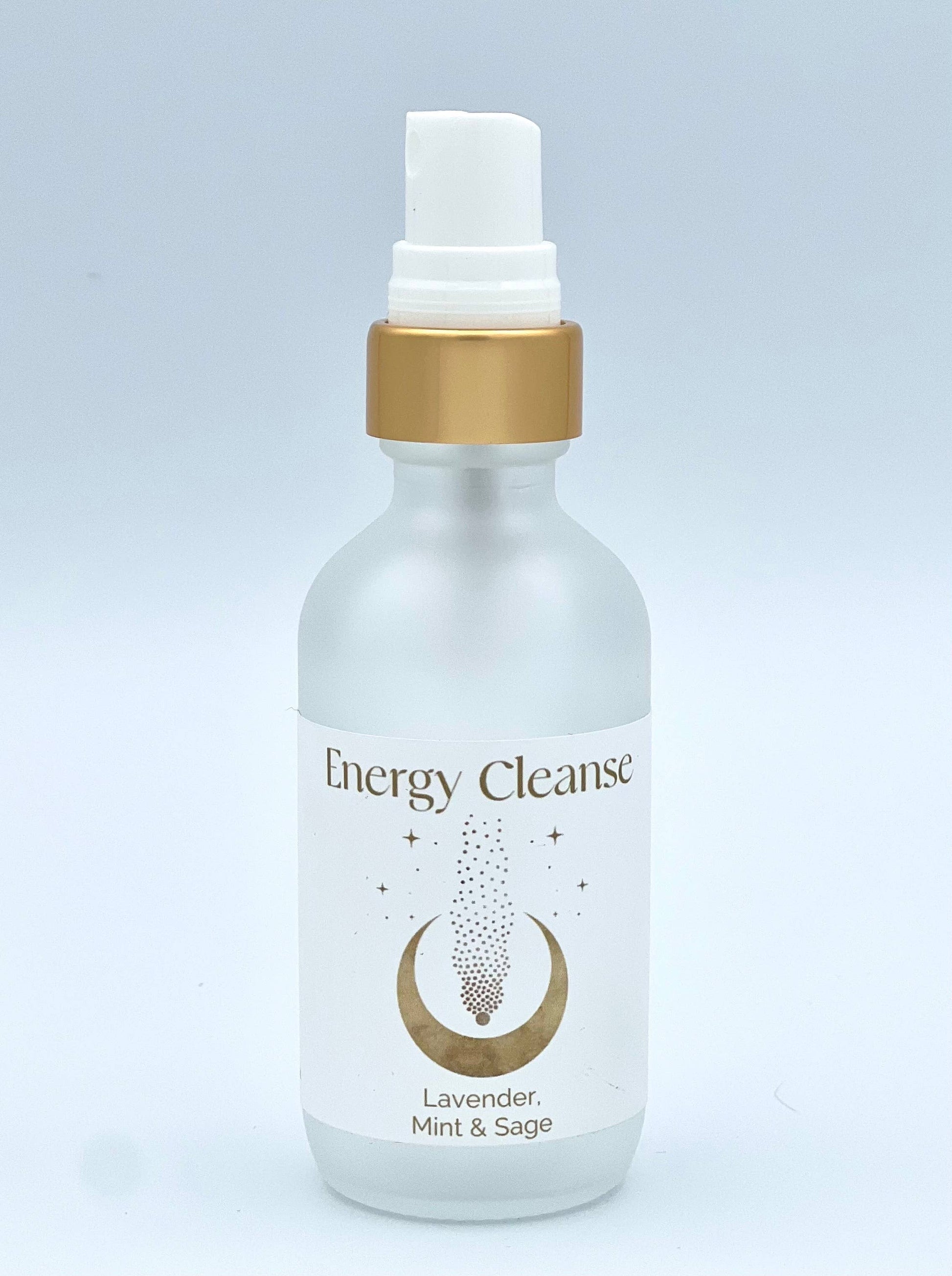 Bottle labeled 'Energy Cleanse' with gold cap on a light gray background