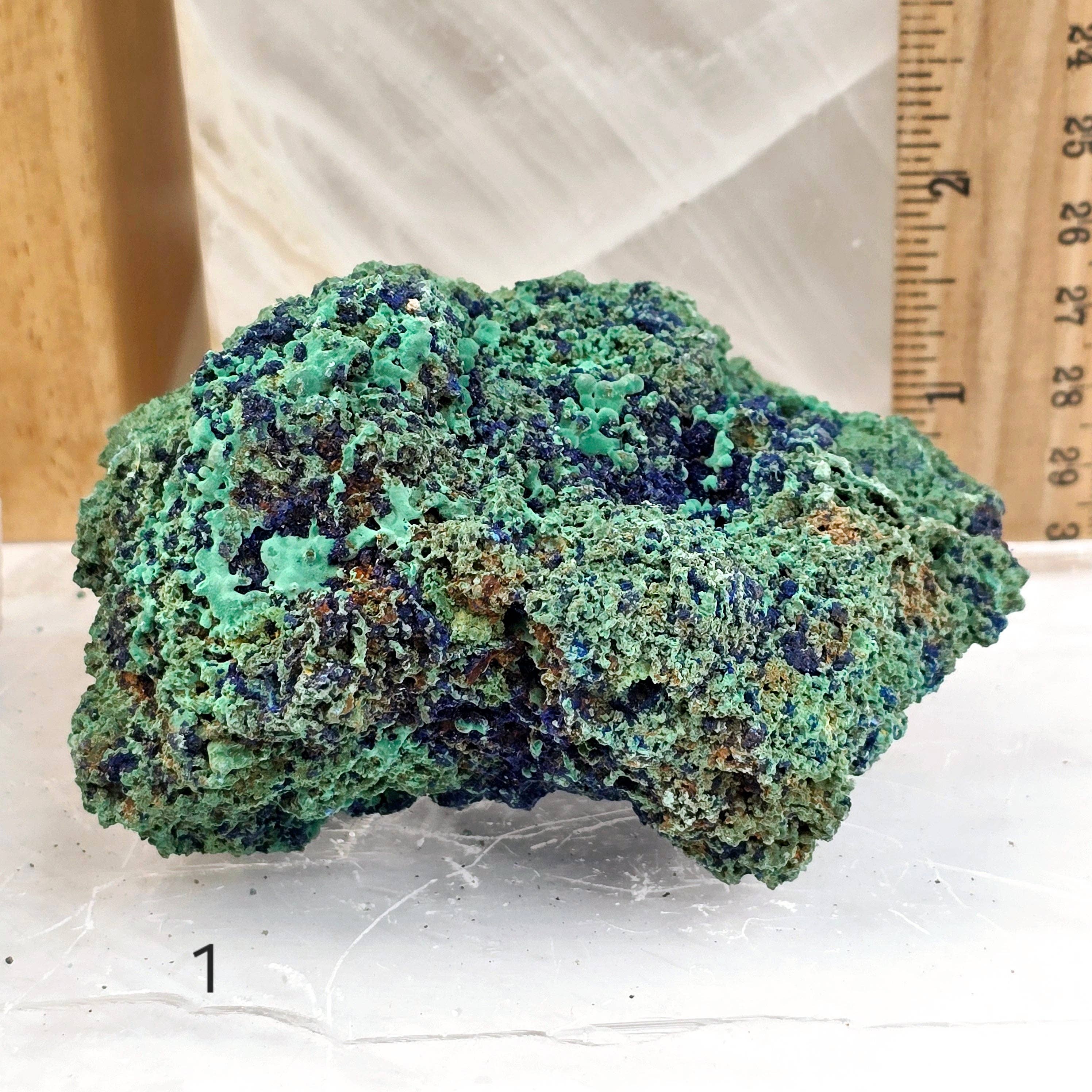 Green mineral specimen on a white background with a ruler for scale.