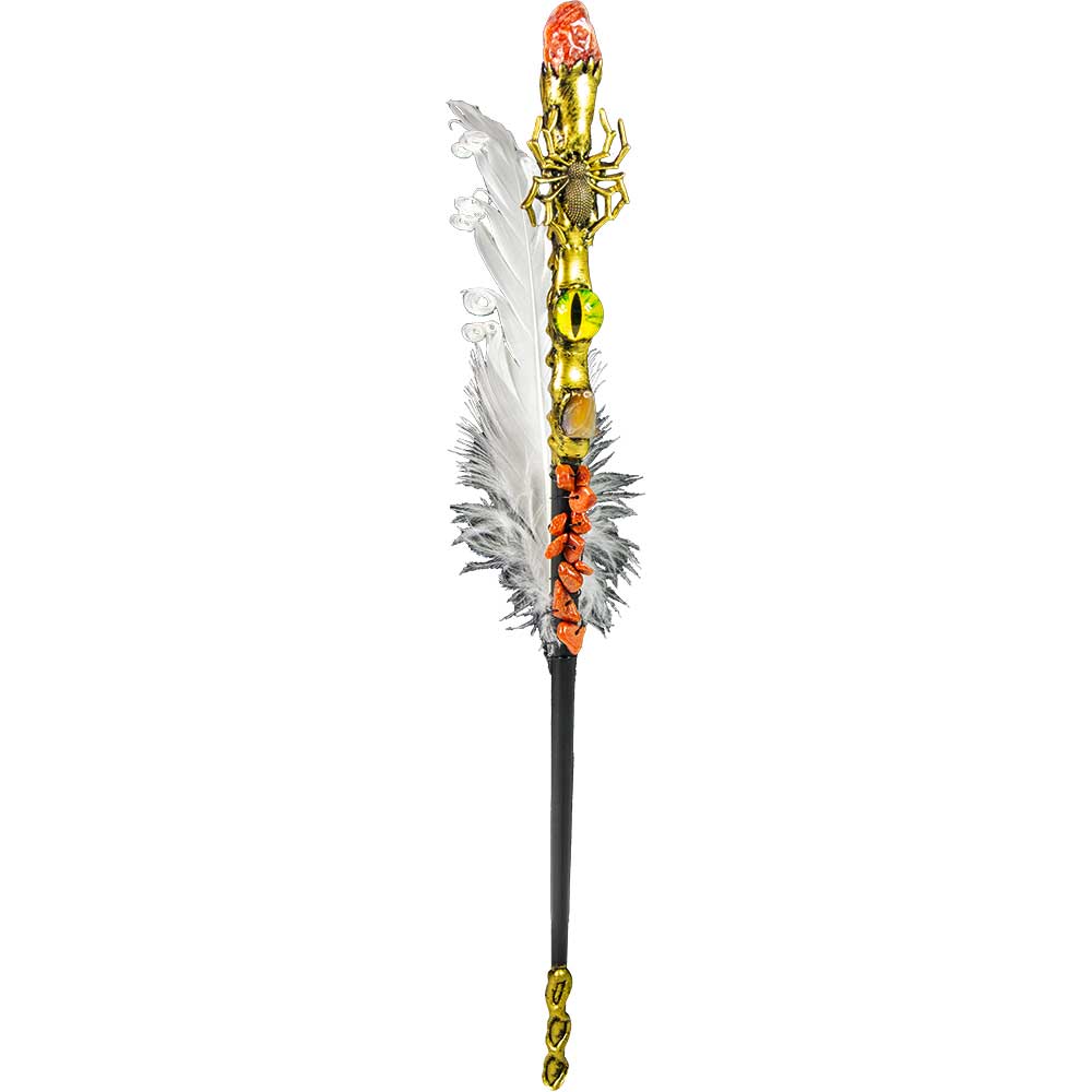 Decorative arrow with colorful feathers and a detailed head on a white background