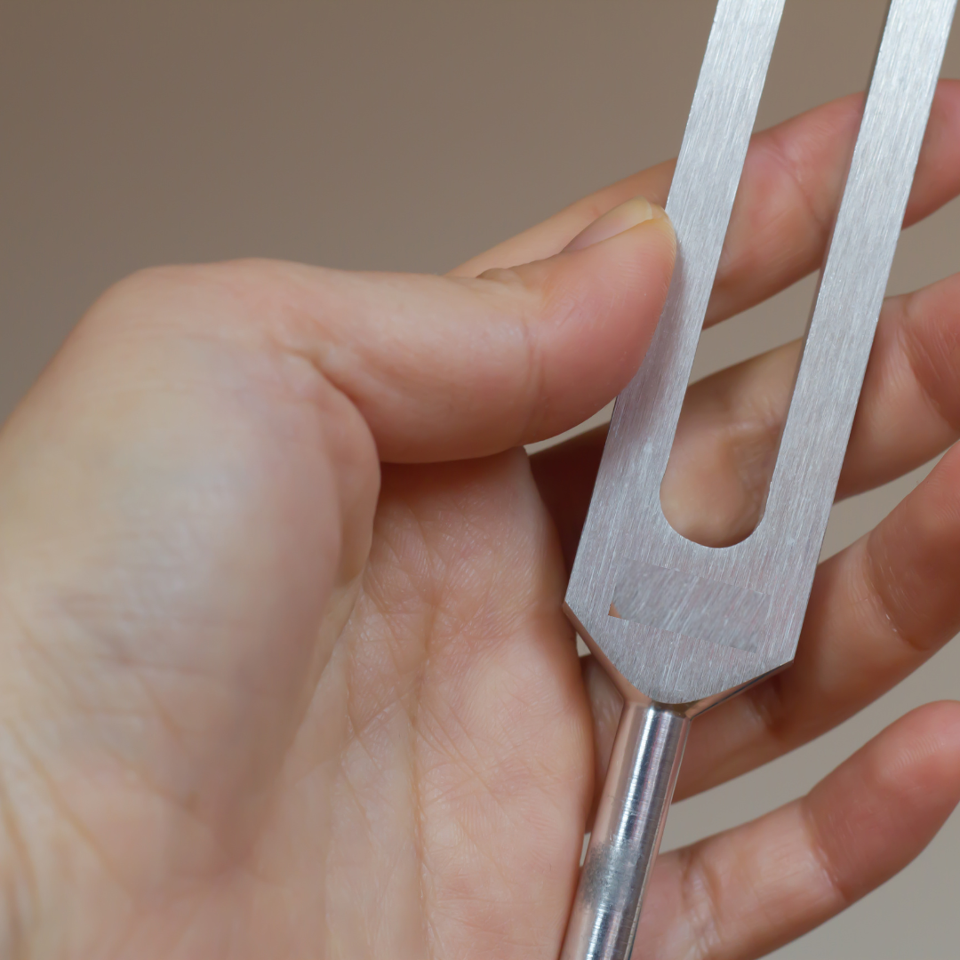 Hand holding a metal tuning fork against a neutral background