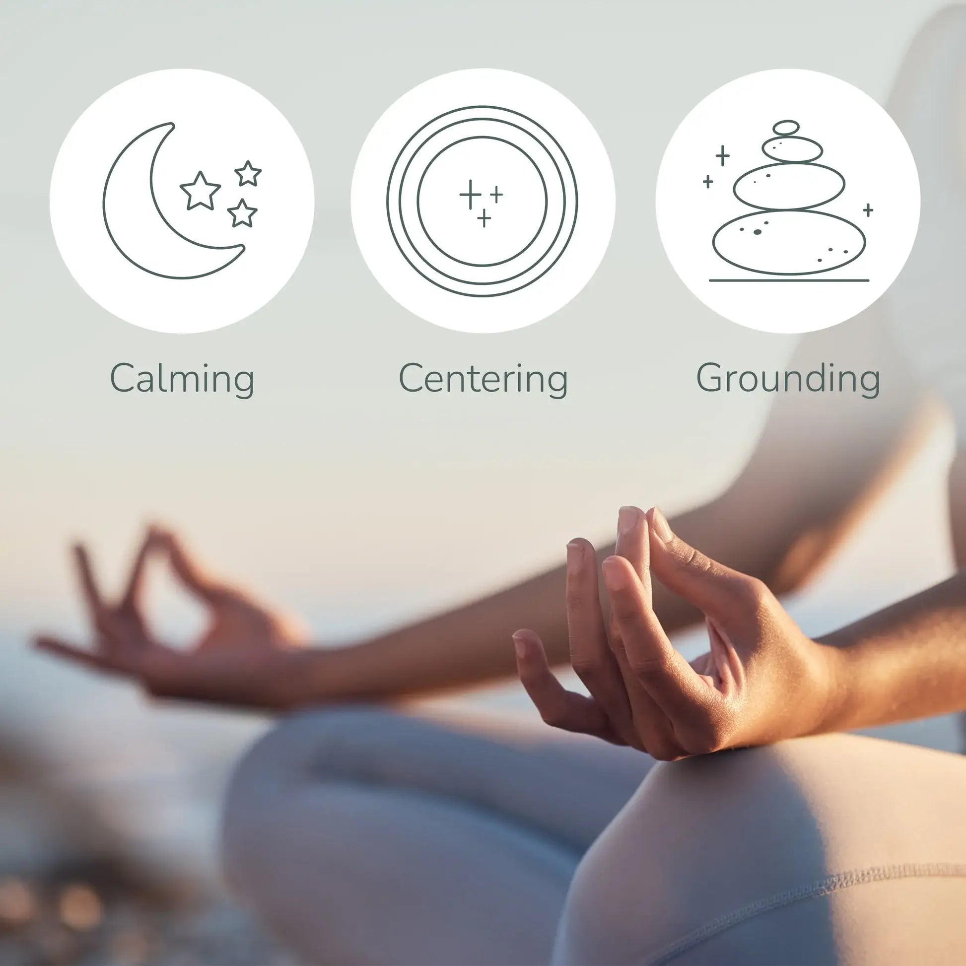 Person meditating with 'Calming', 'Centering', and 'Grounding' icons above - JOY - Journey Of You - Spiritual, Holistic, Empowering