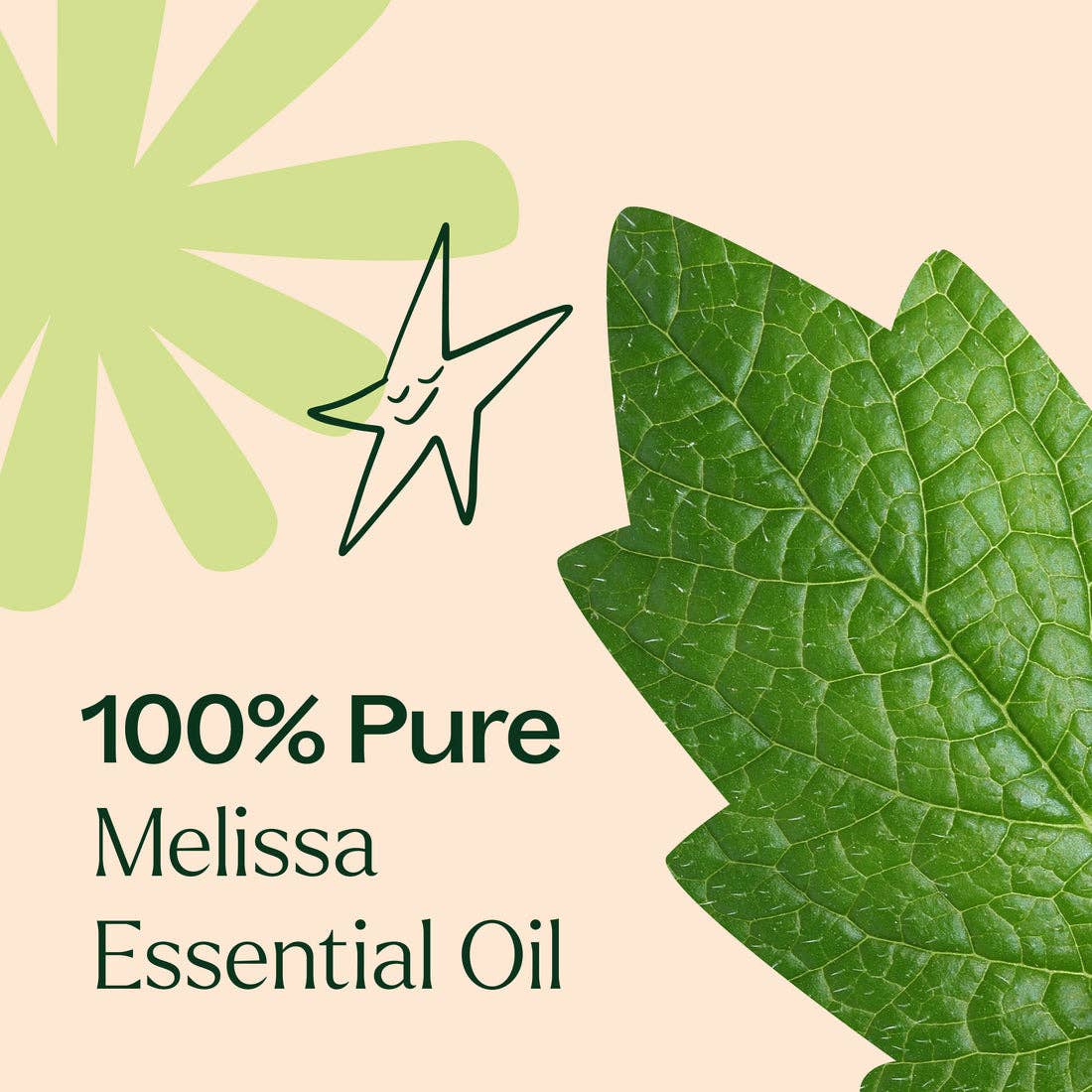 100% Pure Melissa Essential Oil label with green leaves on a beige background - JOY - Journey Of You - Spiritual, Holistic, Empowering
