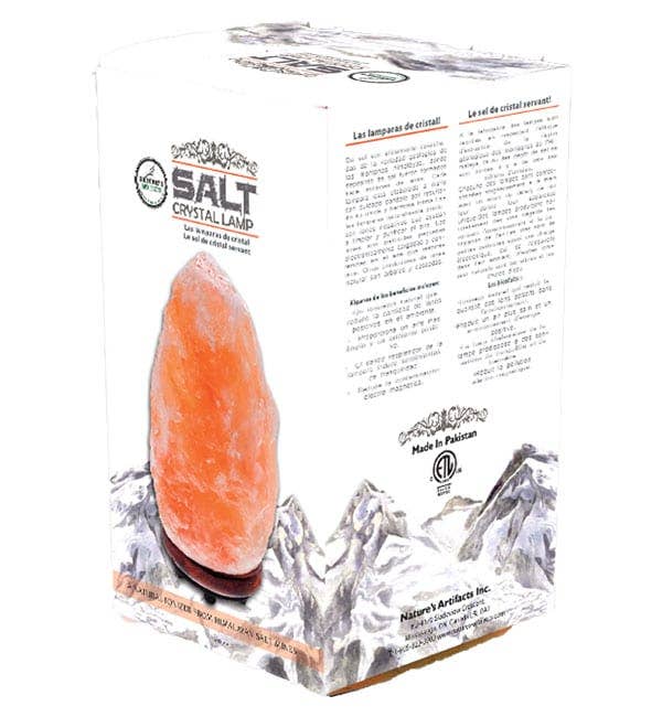 Salt crystal lamp packaging with product image on a white background