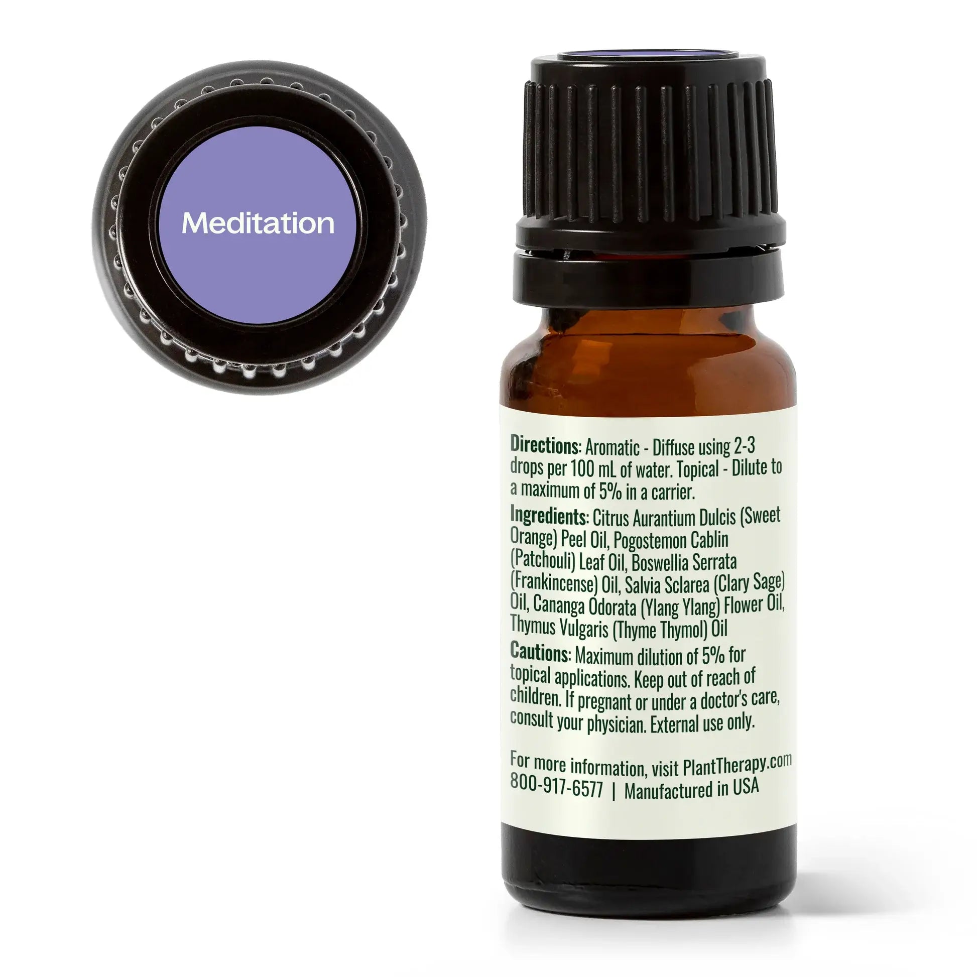 Essential oil bottle with label and purple cap labeled 'Meditation' on a white background - JOY - Journey Of You - Spiritual, Holistic, Empowering