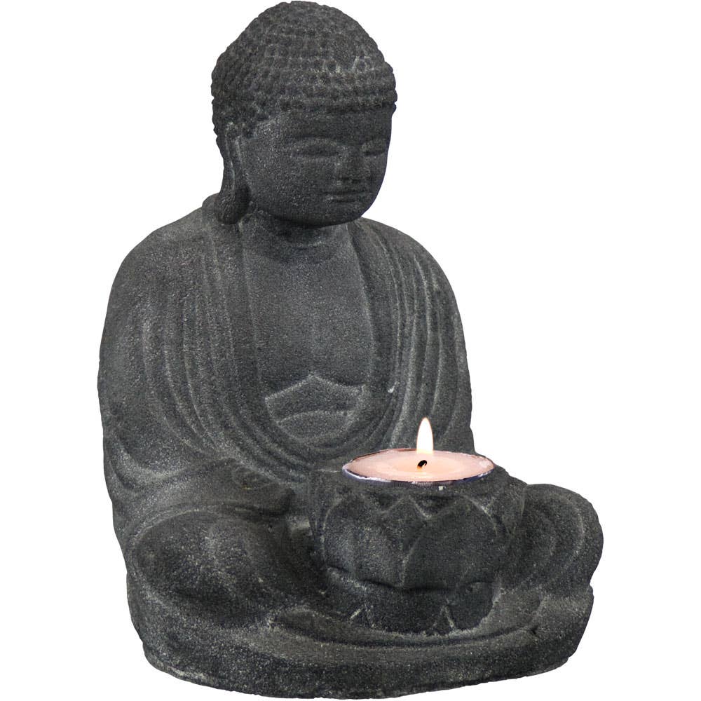 Stone-like Buddha statue with a candle inside on a white background - JOY - Journey Of You - Spiritual, Holistic, Empowering