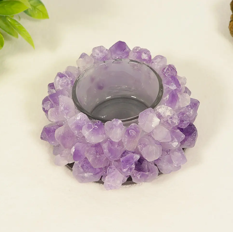 AMETHYST LOTUS CANDLE HOLDER | AMETHYST CRYSTAL - perfect item of decor - quality Amethyst gemstones - popular gemstones -Lotus is a symbol of spiritual awakening & enlightenment - Joy Of Journey