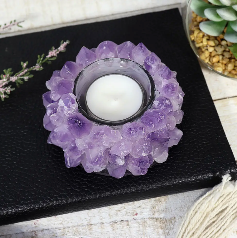 AMETHYST LOTUS CANDLE HOLDER | AMETHYST CRYSTAL - perfect item of decor - quality Amethyst gemstones - popular gemstones -Lotus is a symbol of spiritual awakening & enlightenment - Joy Of Journey