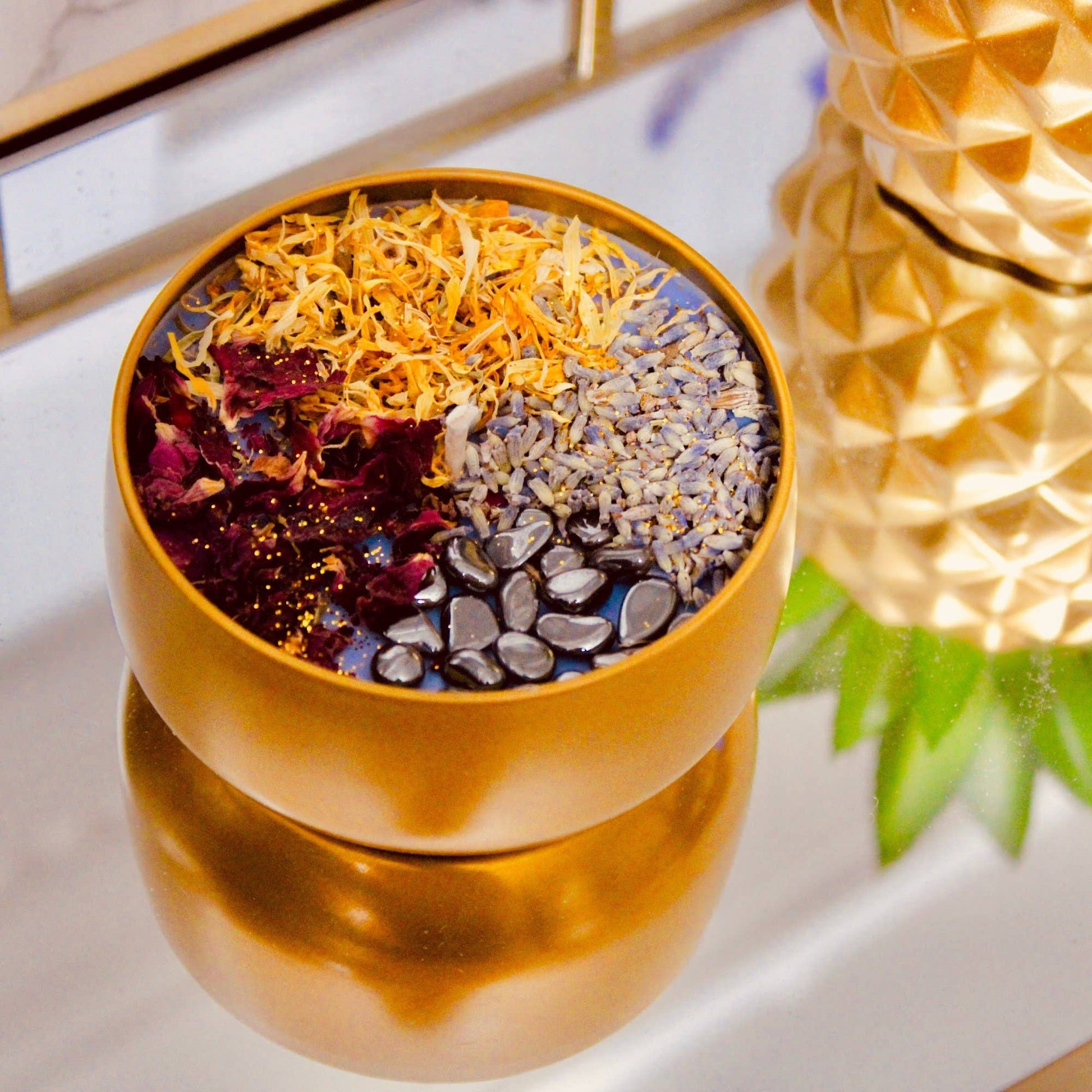 ANXIETY RELIEF CRYSTAL CANDLE: 4OZ GOLD TIN - botanicals and Hematite crystals - Root Chakra - Pineapple Sage is a fragrant garden herb - Joy - Journey of You
