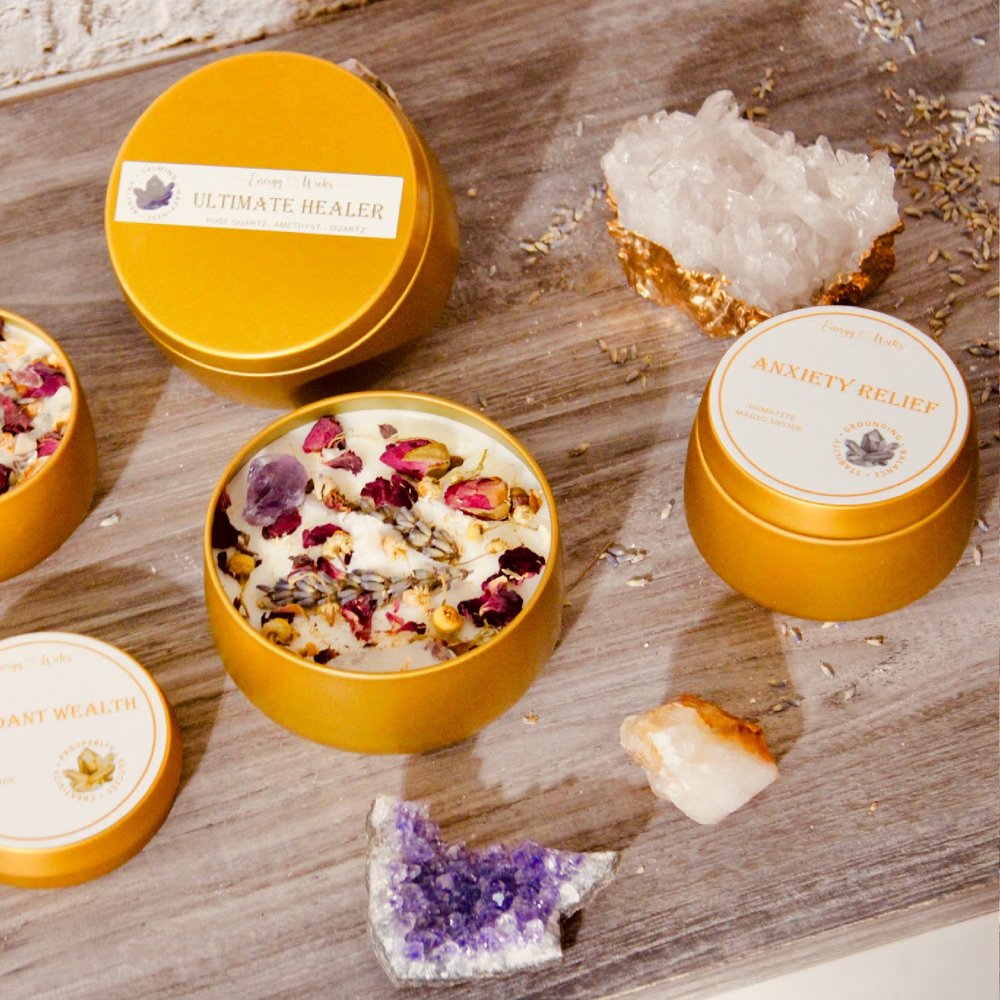 ANXIETY RELIEF CRYSTAL CANDLE: 4OZ GOLD TIN - botanicals and Hematite crystals - Root Chakra - Pineapple Sage is a fragrant garden herb - Joy - Journey of You