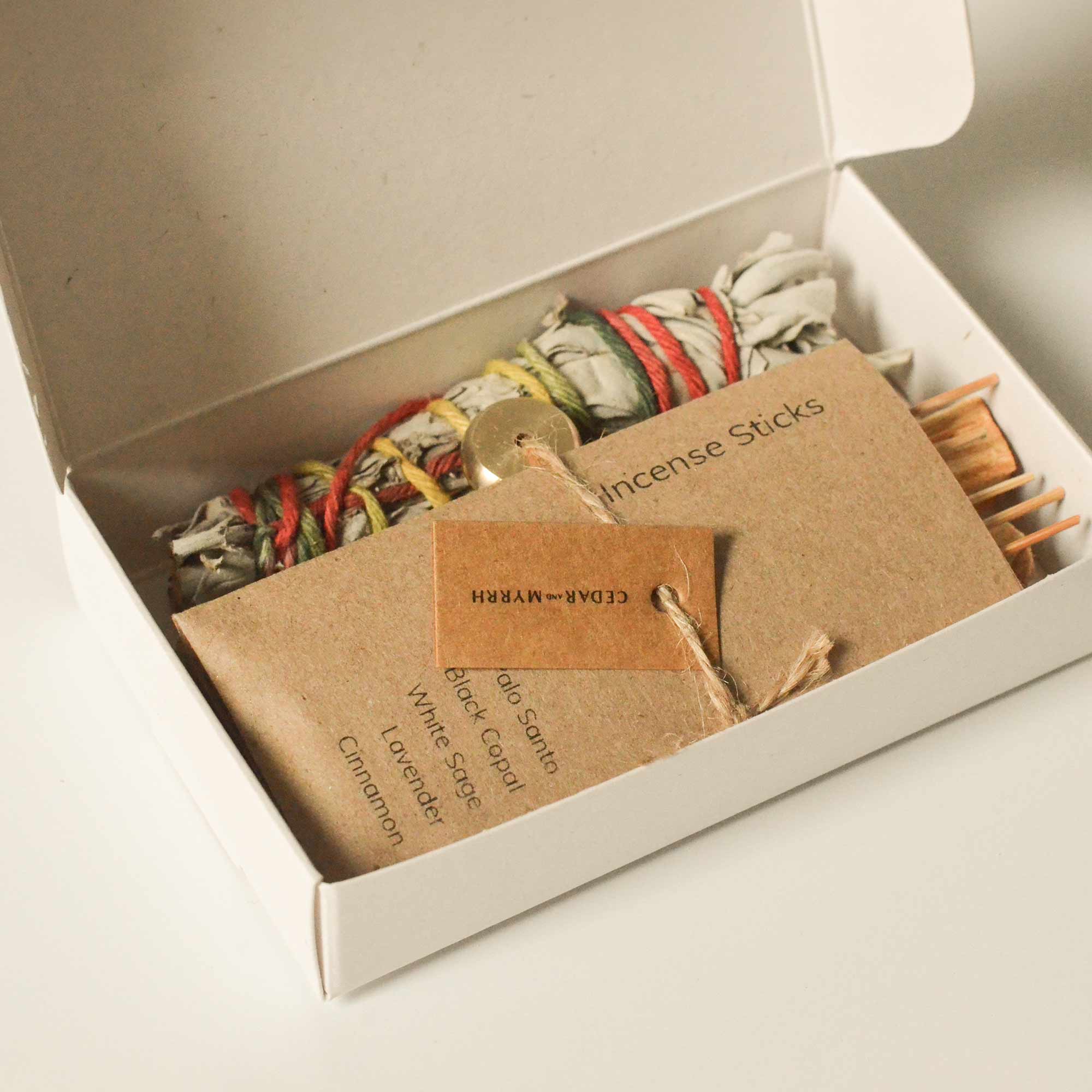 BURNING RITUAL SAMPLE KIT - Mini White Sage Bundle - Palo Santo Wood Sticks from Peru - Palo Santo Wood Sticks from Ecuador - Mini Palo Santo Hand-rolled Incense Stick - Mini Black Copal Hand-rolled Incense Stick - Mini White Sage Hand-rolled Incense Stick - Mini Lavender Hand-rolled Incense Stick - Mini Cinnamon Hand-rolled Incense Stick - Medium Waterdrop Incense Holder - Joy - Journey of you