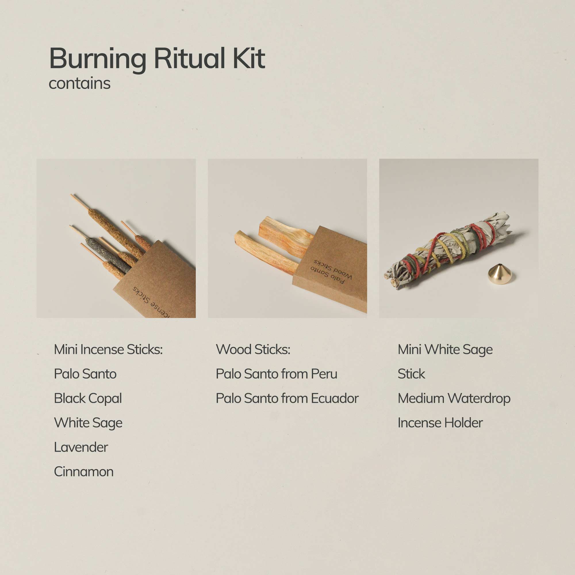 BURNING RITUAL SAMPLE KIT - Mini White Sage Bundle - Palo Santo Wood Sticks from Peru - Palo Santo Wood Sticks from Ecuador - Mini Palo Santo Hand-rolled Incense Stick - Mini Black Copal Hand-rolled Incense Stick - Mini White Sage Hand-rolled Incense Stick - Mini Lavender Hand-rolled Incense Stick - Mini Cinnamon Hand-rolled Incense Stick - Medium Waterdrop Incense Holder - Joy - Journey of you