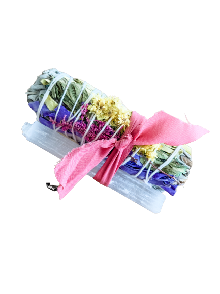 CLEARING CRYSTAL SMOKE BUNDLES, PALO SANTO, REFRESHING: LOVE - Wildflowers and California White Sage Bundle Sages + Smudges by Liv Rocks Harmony - White Sage + Flowers (type of flower varies) + Selenite Stick Peace - Sage & Lavender + Palo Santo Wood Love - Sage & Roses + Palo Santo + Selenite Stick Clearing - Selenite Stick + Quartz Crystal Point + Palo Santo Wood Abundance - Selenite Tower + Quartz Crystal Point + Palo Santo Wood - Joy - Journey of You