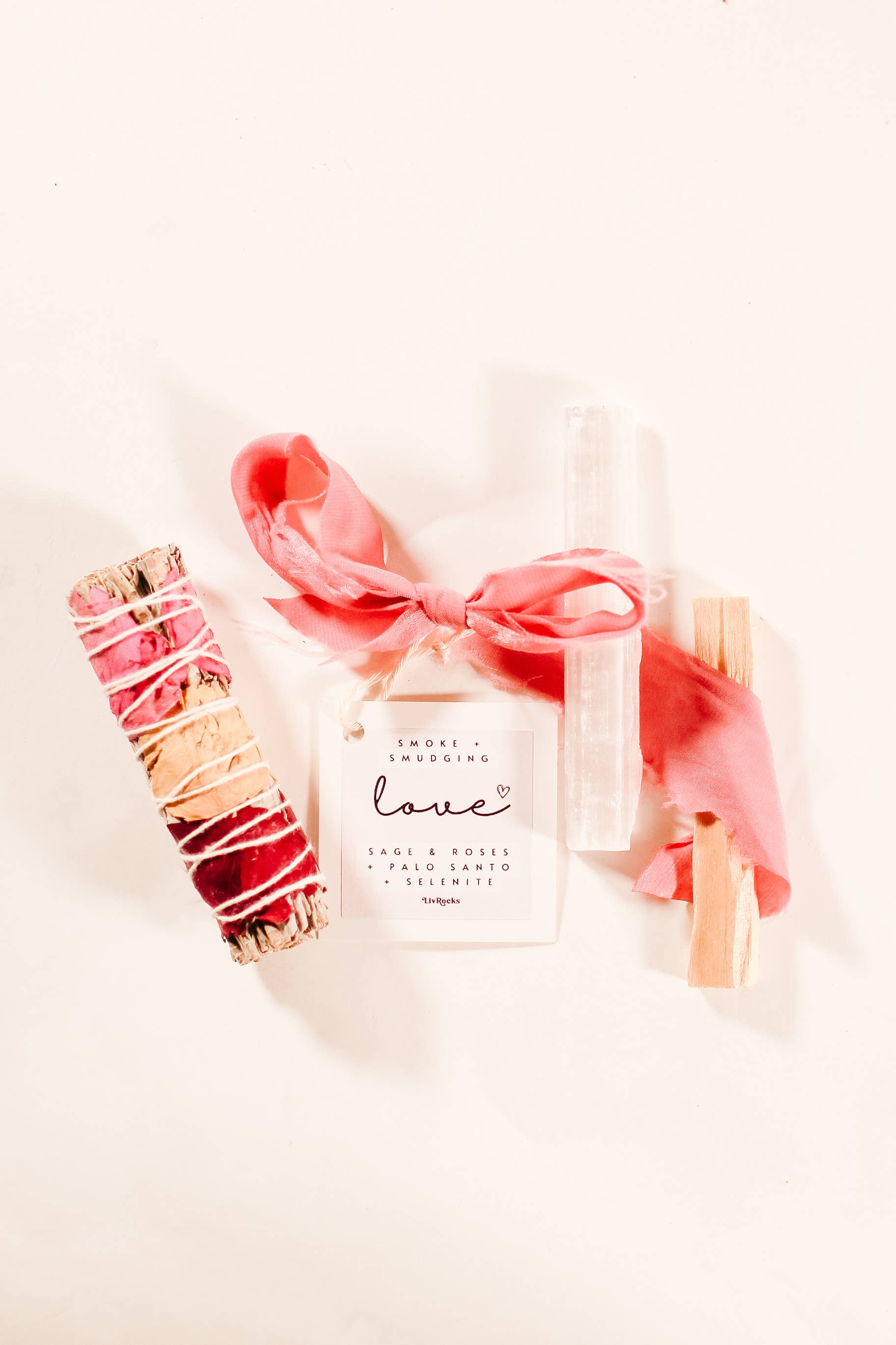 CLEARING CRYSTAL SMOKE BUNDLES, PALO SANTO, REFRESHING: LOVE - Wildflowers and California White Sage Bundle Sages + Smudges by Liv Rocks Harmony - White Sage + Flowers (type of flower varies) + Selenite Stick Peace - Sage & Lavender + Palo Santo Wood Love - Sage & Roses + Palo Santo + Selenite Stick Clearing - Selenite Stick + Quartz Crystal Point + Palo Santo Wood Abundance - Selenite Tower + Quartz Crystal Point + Palo Santo Wood - Joy - Journey of You