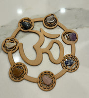 CRYSTAL GRID - OM AND 7 CHAKRAS DESIGN W/ STONES - Wood Crystal Grid - for meditation - Joy - Journey of You