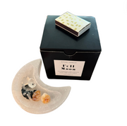 FULL MOON RITUAL - Full Moon Candle - Box of Matches - Selenite Moon Shaped Bowl - Stones: Tumbled Clear Quartz - Citrine - Black Tourmaline w/matrix Joy - Journey of You
