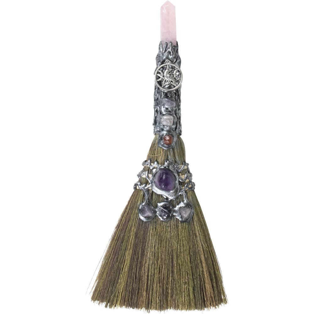 GEMSTONE WICCA BROOM 13IN - ROSE QUARTZ W/ SILVER RAVEN - spiritual rebirth  - Stone - Joy - Journey of You