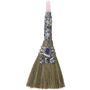GEMSTONE WICCA BROOM 13IN - ROSE QUARTZ W/ SILVER RAVEN - spiritual rebirth  - Stone - Joy - Journey of You