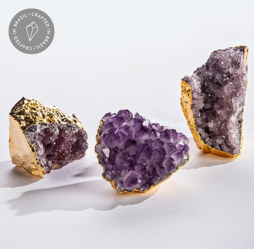 GOLD GILDED AMETHYST CLUSTER - peaceful aura of amethyst - power of gold - tranquility and serenity - fine jewelry - 3 crystal clusters - Joy - Journey of You