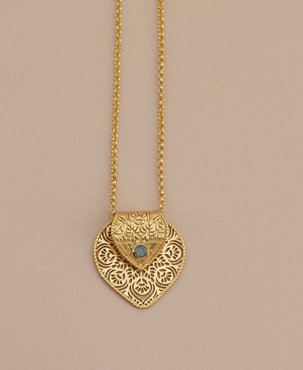 GOLD PLATED BRASS LOTUS PETAL MANDALA NECKLACE WITH LABRADORITE ACCENT - gold-plated brass lotus mandala Necklace symbolizes purity - golden tone Handcrafted - Joy - Journey of you