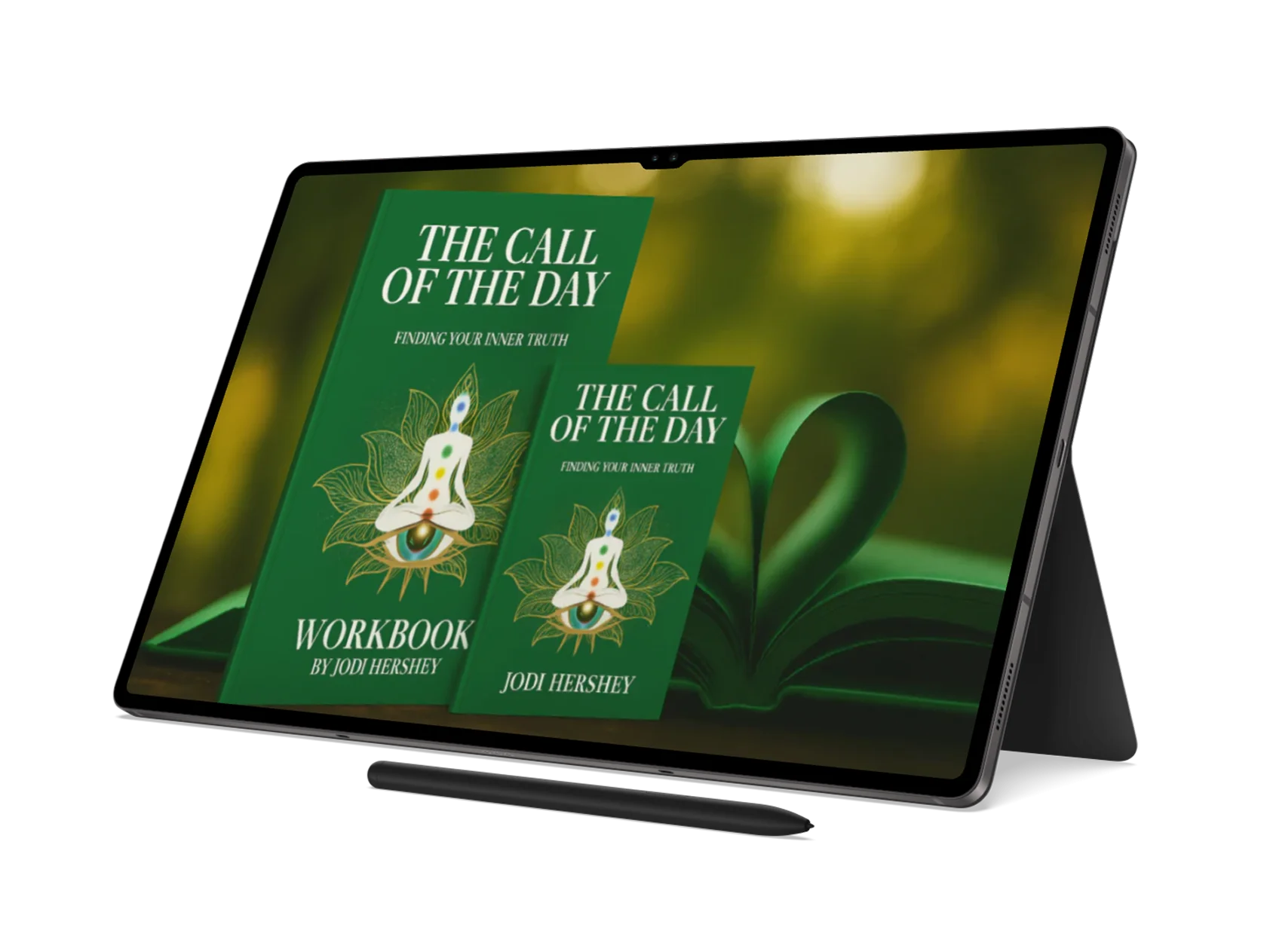Tablet displaying 'The Call of the Day' workbook on a white background