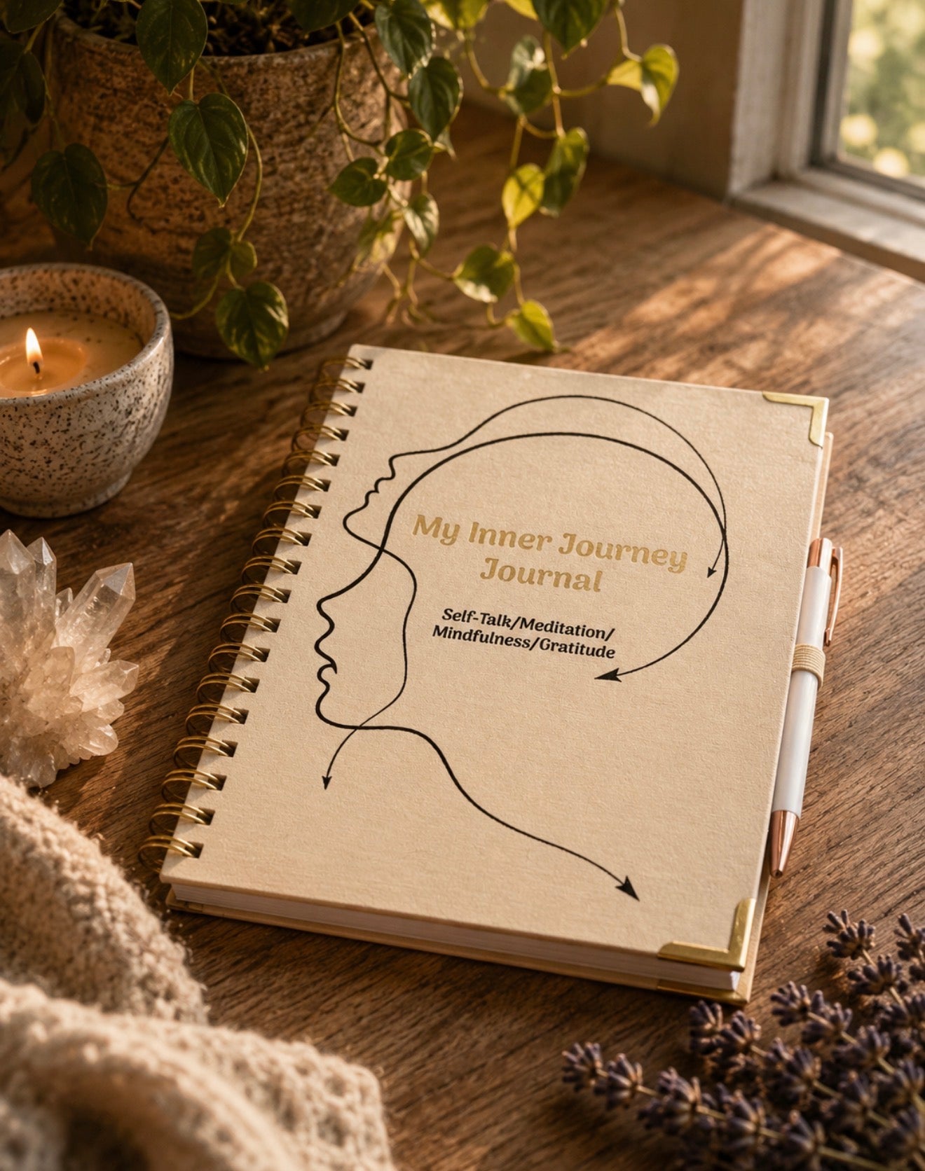 A spiral-bound journal titled 'My Inner Journey Journal' lies open on a wooden table, surrounded by a candle, plant, crystals, and a pen. The cover is a warm beige kraft-paper style with a black line drawing of a face and arrows, and the title is printed in a gold-toned font.