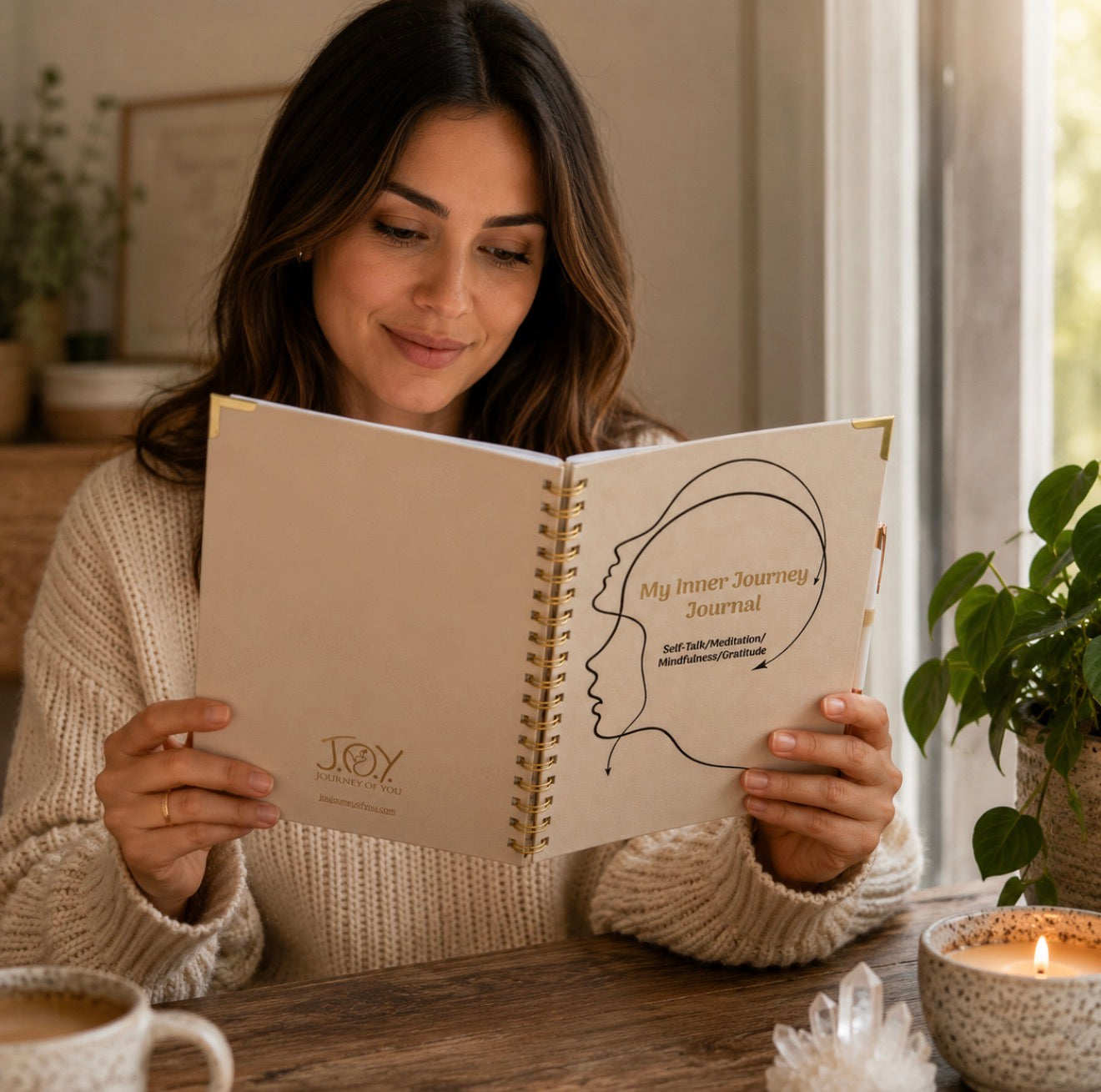A woman in a cream knit sweater reads from an open spiral-bound journal at a wooden table. The journal cover is cream with gold lettering that reads 'My Inner Journey Journal' and a simple line drawing of a face.