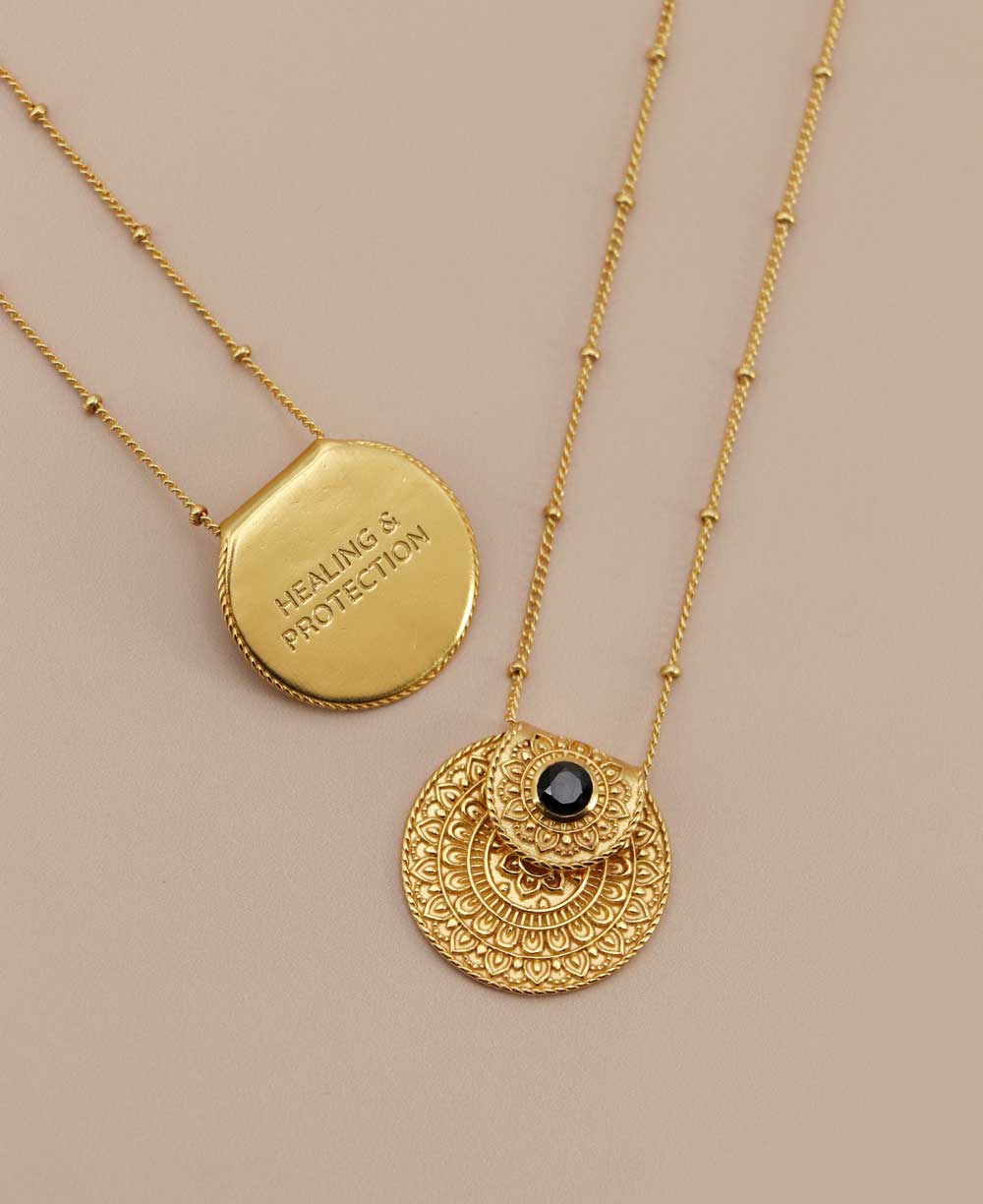 INSPIRATIONAL GOLD PLATED MANDALA NECKLACE WITH BLACK ONYX STONE - essence of spiritual harmony - Inspirational Gold Plated Mandala Necklace - black onyx stone - Healing & Protection - Joy - Journey of you