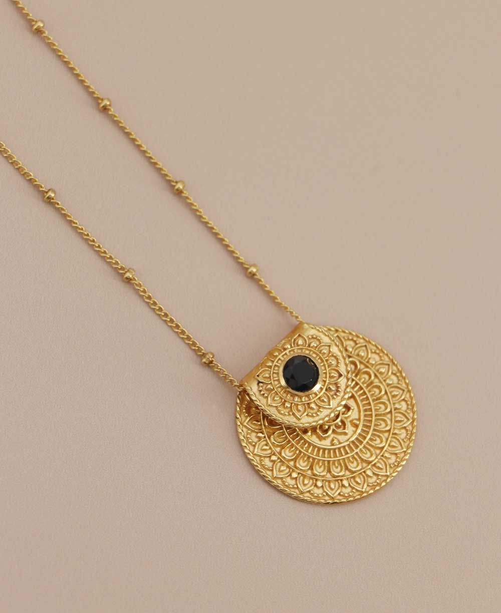 INSPIRATIONAL GOLD PLATED MANDALA NECKLACE WITH BLACK ONYX STONE - essence of spiritual harmony - Inspirational Gold Plated Mandala Necklace - black onyx stone - Healing & Protection - Joy - Journey of you