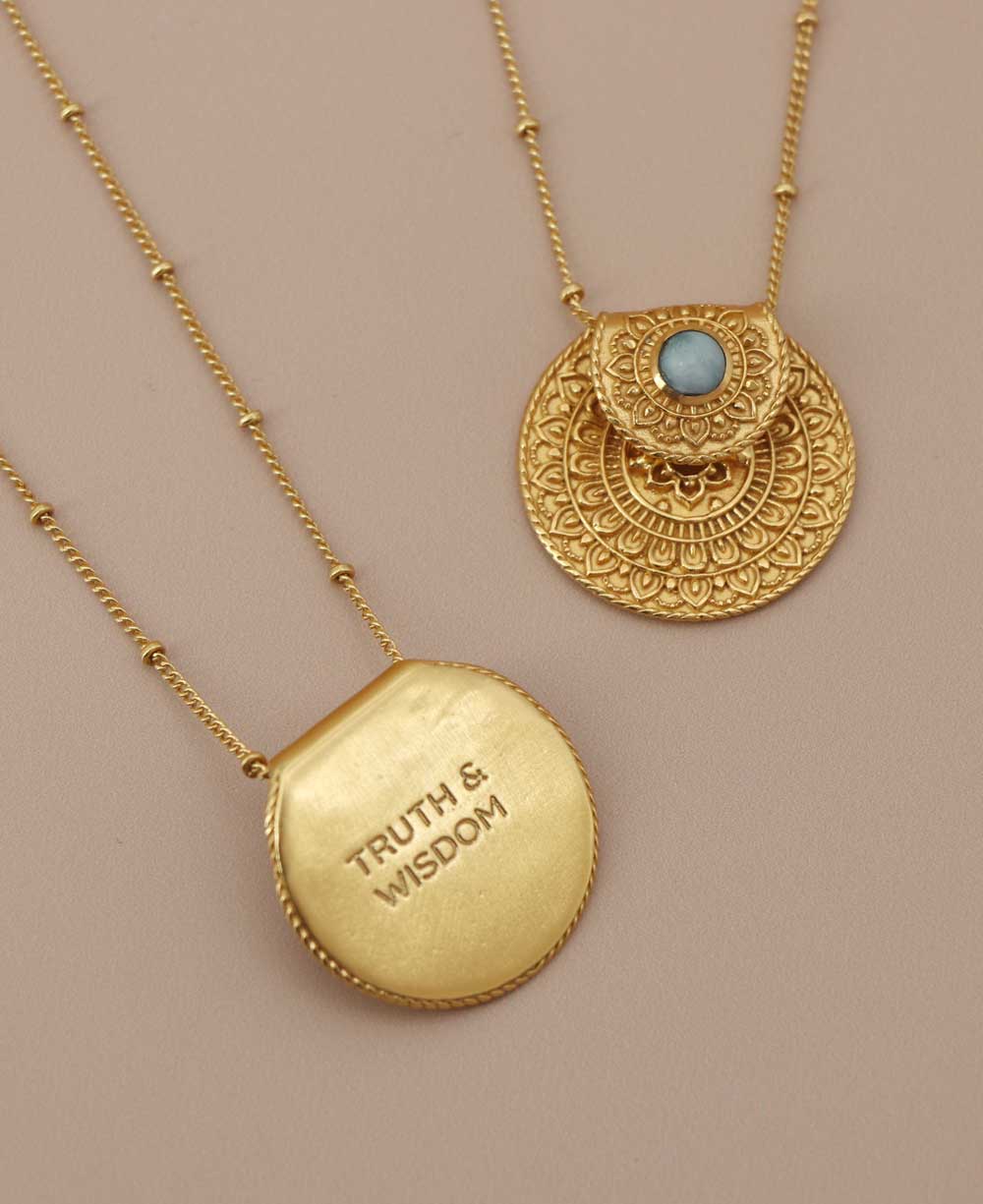 INSPIRATIONAL GOLD PLATED MANDALA NECKLACE WITH LARIMAR STONE - essence of spiritual harmony - Inspirational Gold Plated Mandala Necklace - tranquil larimar stone - exquisite piece intertwines artistic beauty - talisman of inner peace - Joy - Journey of you