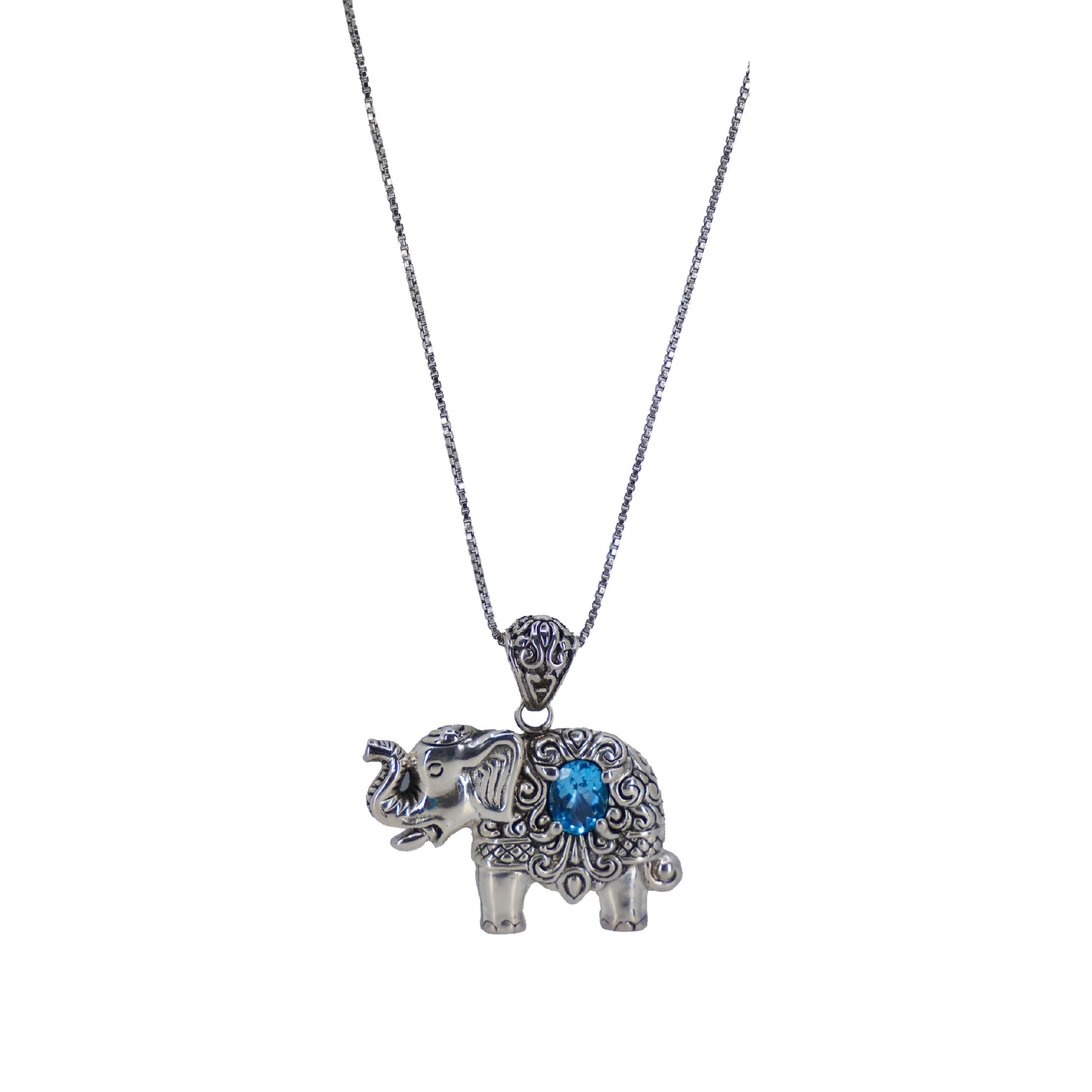 Elephant with Blue Topaz Stone Sterling Silver Chain