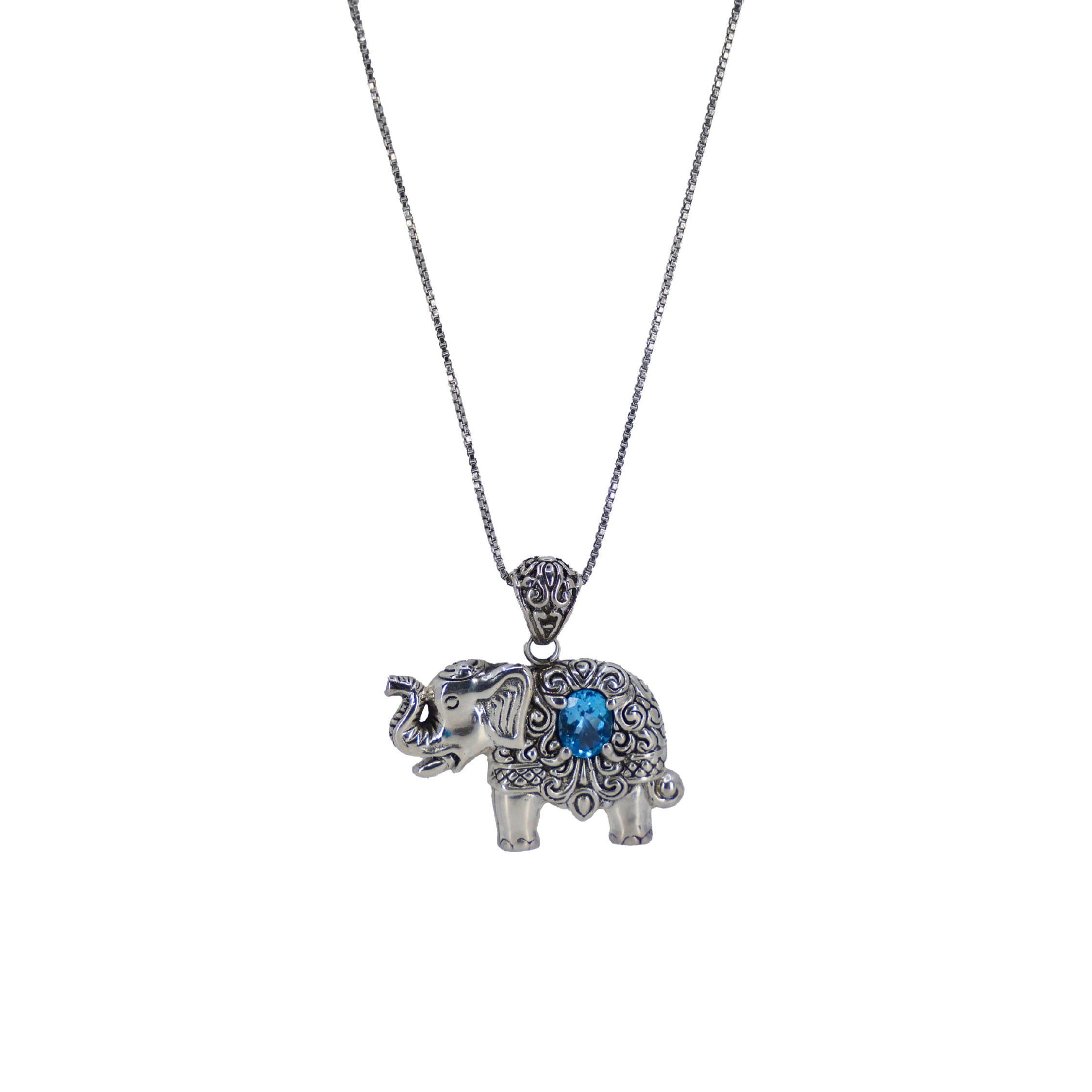 Elephant with Blue Topaz Stone Sterling Silver Chain