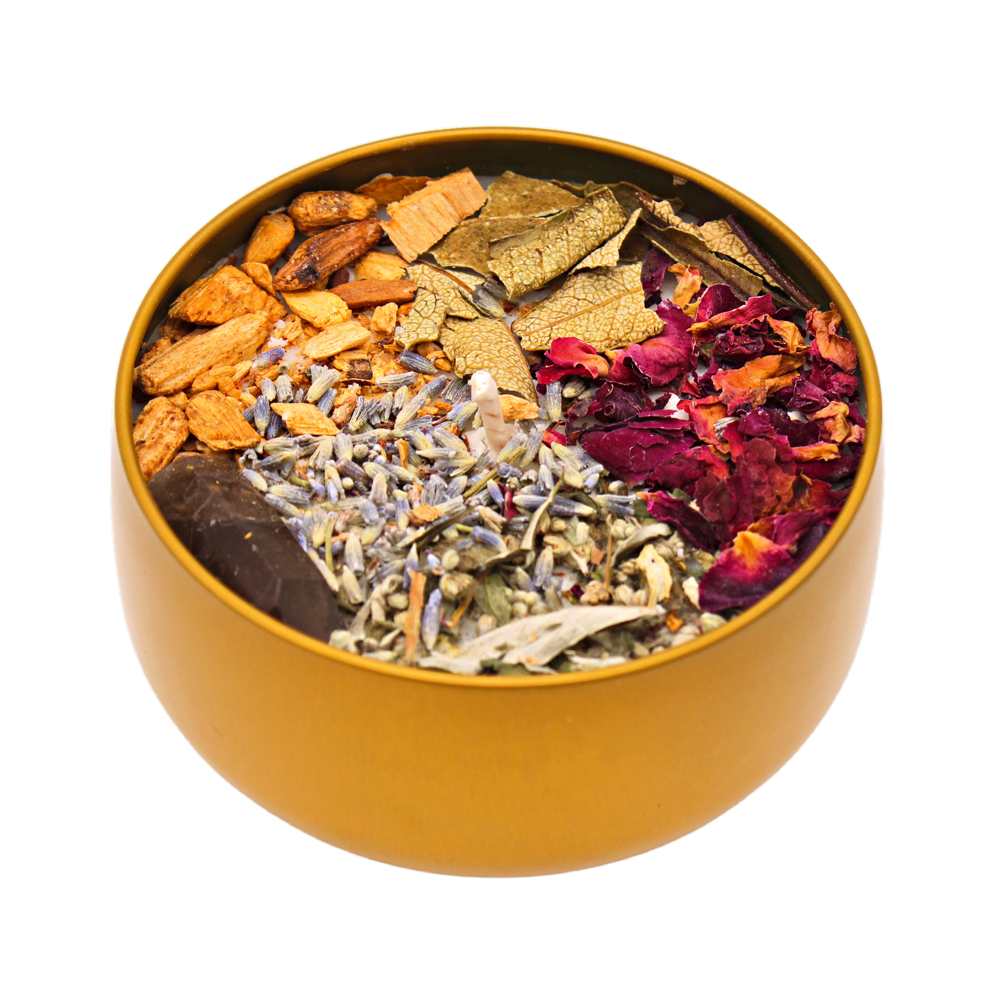 LETTING GO CRYSTAL CANDLE: 8OZ GOLD TIN - Palo Santo, Yerba Santa, Black Sage (Mugwort), dried lavender, dried rose petals and a Smoky Quartz point -  Oakmoss and Amber fragrance - clear away negative energies - Joy - Journey of You