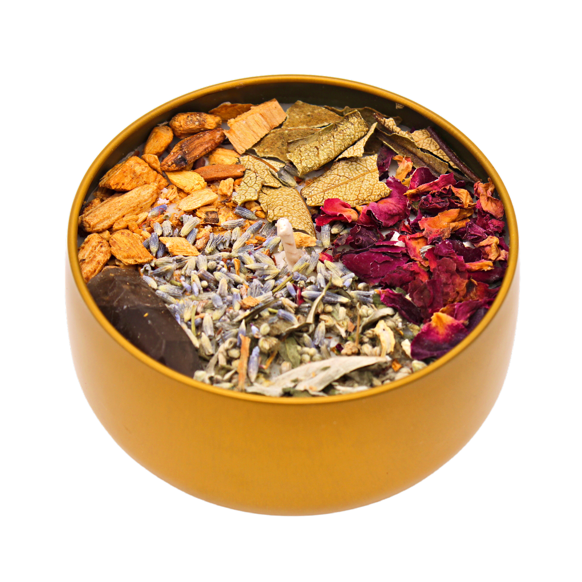 LETTING GO CRYSTAL CANDLE: 8OZ GOLD TIN - Palo Santo, Yerba Santa, Black Sage (Mugwort), dried lavender, dried rose petals and a Smoky Quartz point -  Oakmoss and Amber fragrance - clear away negative energies - Joy - Journey of You