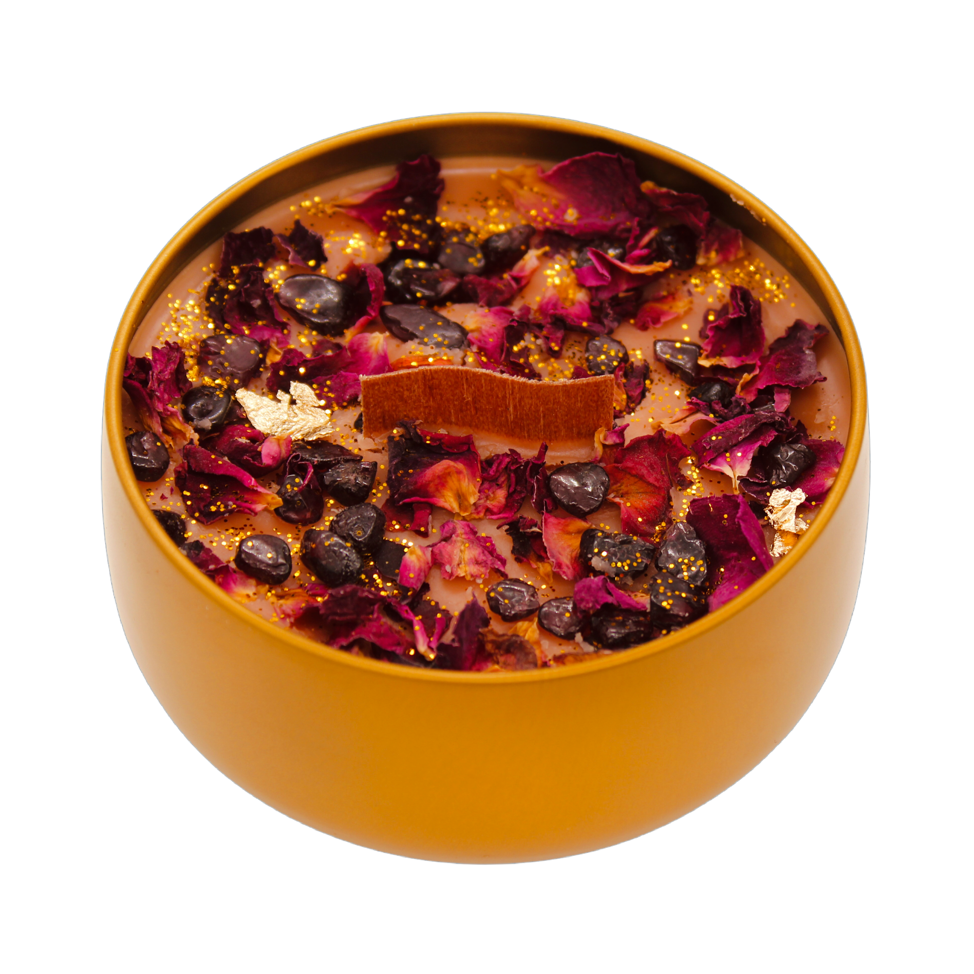 MANIFESTATION BONFIRE CRYSTAL CANDLE - Garnet crystals, dried rose petals, gold flakes, and fairy dust - Joy - Journey of You