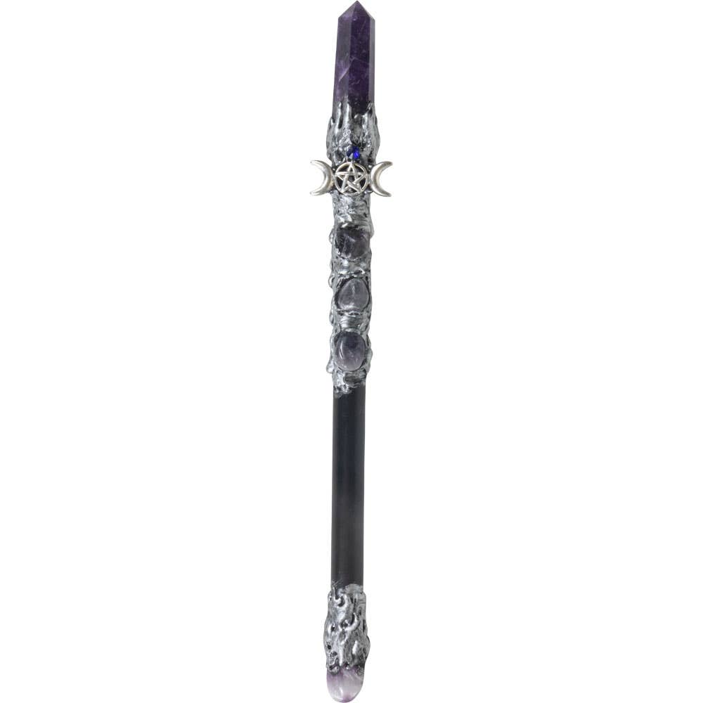 A magick wand with an amethyst point and silver triple moon design, with decorations and stones attached.