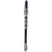 A magick wand with an amethyst point and silver triple moon design, with decorations and stones attached.