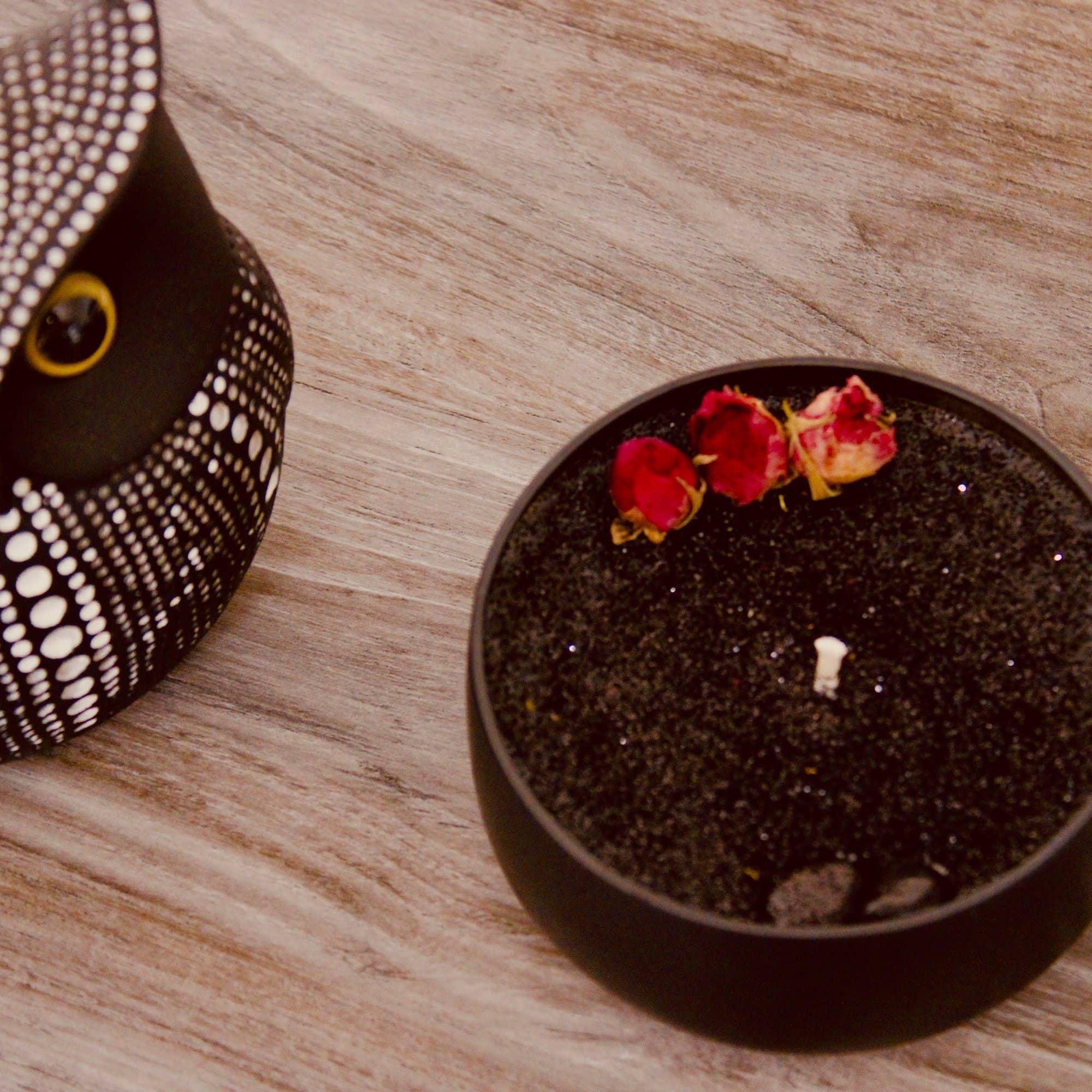 NEGATIVITY BLOCKER CRYSTAL CANDLE: 4OZ BLACK TIN - single Obsidian crystal -  blackberry sage fragrance - blocks psychic attack and absorbs negative energies - This fragrance oil is infused with natural essential oils, including Clove Leaf, Ginger, Lavender, Orange and Sage - Joy - Journey of You